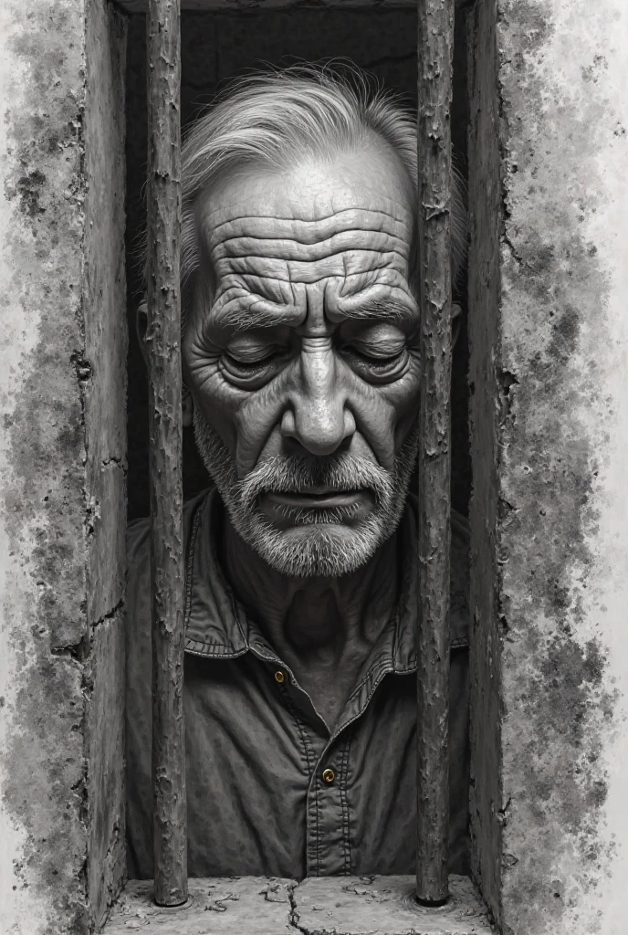 "Create a black and white image, drawn only in graphite pencil, with detailed strokes and intense shading to convey drama. The scene must show an elderly man with a distressed face, with eyes closed and tears flowing, enclosed behind symbolic bars that fade into shadows. The lines of the drawing must be expressive, capturing rough textures on the walls of the 'cell' and deep folds in her worn clothes. in the background, incorporates blurred silhouettes of a woman and a loving past, like memories that capture him. Inspired by the song 'Prisoner' by José José, the image must reflect loneliness, regret and the emotional imprisonment of the character, using only gray scales and the raw style of a traditional artistic sketch