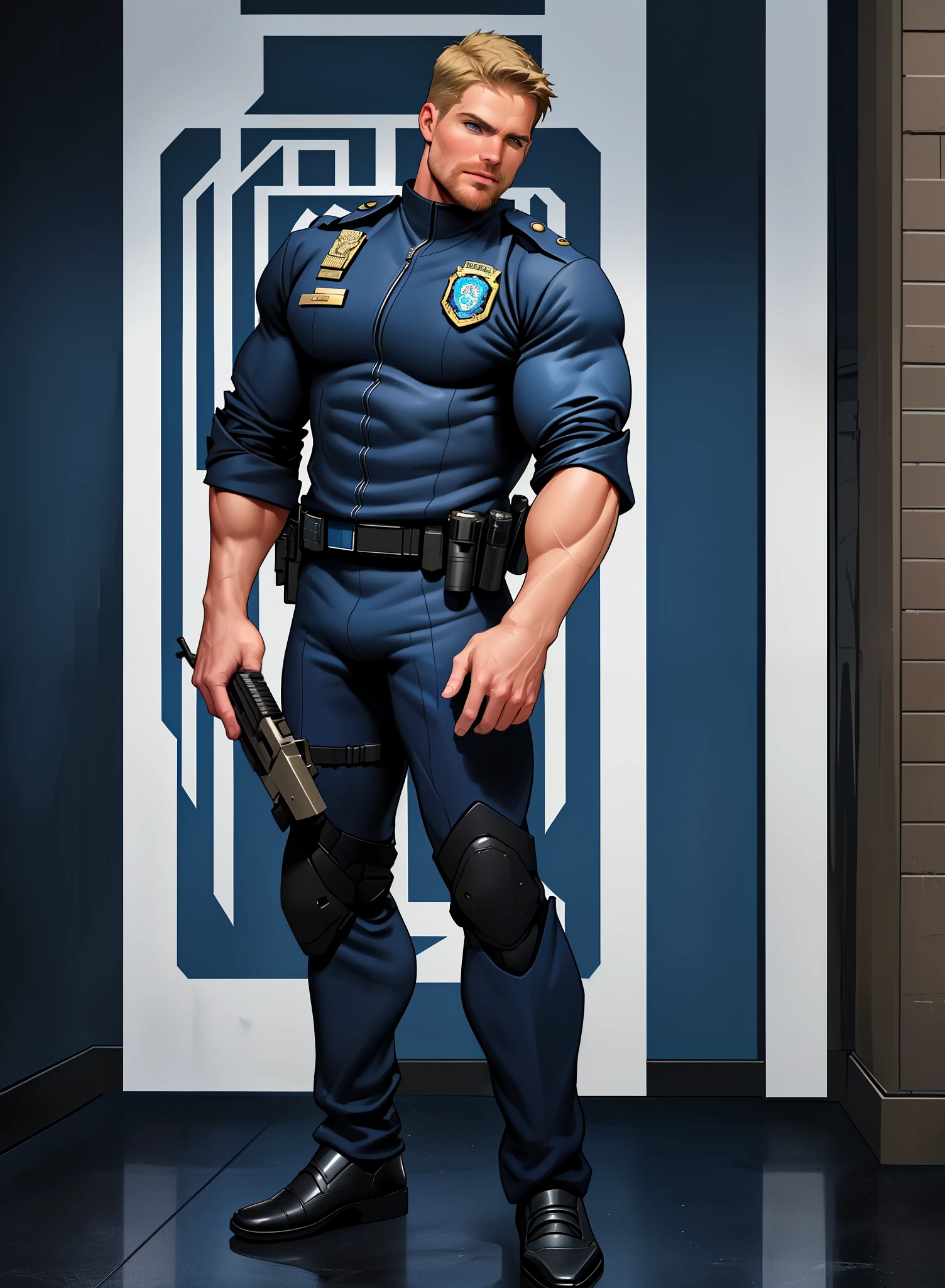 1 man, male focus solo,45 yo man,Stephen AMELL as NYPD policeMAN , lean muscle, WEARING marine blue POLICEMAN SUIT ,(), full body shot, dark blond short hair, well groomed BLOND facial hair, holding a gun with one hand, , ultra high quality, masterpiece, ( blackground A CITY )