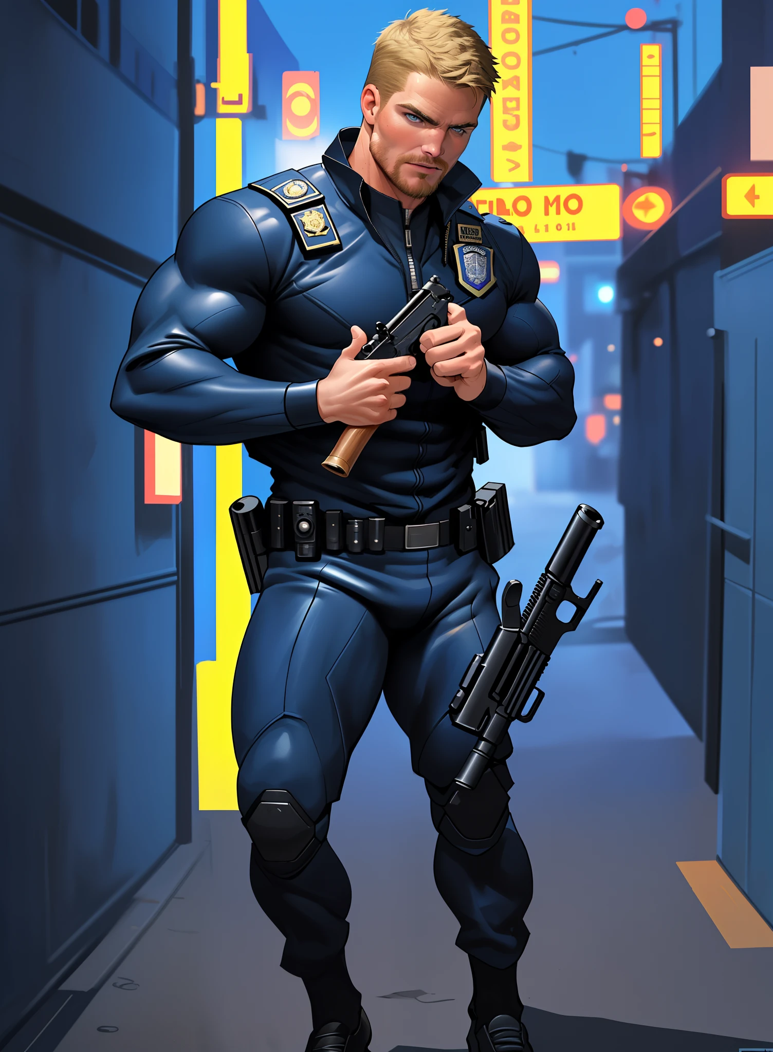 1 man, male focus solo,45 yo man,Stephen AMELL as NYPD policeMAN , lean muscle, WEARING marine blue POLICEMAN SUIT ,(), full body shot, dark blond short hair, well groomed BLOND facial hair, holding a gun with one hand, , ultra high quality, masterpiece, ( blackground A CITY )