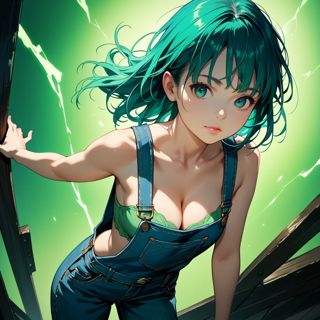 amazing quality, newest, absurdres, realistic lighting,
Cowboy shot, Dynamic angle,1girl, solo,  cool beauty,
Teal green Hair, long straight hair,
green bikini, overalls, cleavage,
Dynamic pose,
green background,
anime style, detailed face,
