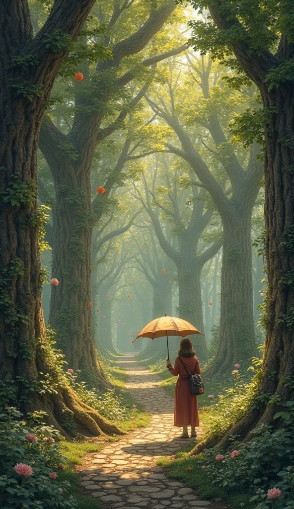 * Main object **: English letters the size of trees.  
**actions**:  students  "guides climb" letters, by composing words on special stands. Guides explain the meanings of.  
**professions**: Guides, linguists.  
**background**: A park with paths from book pages and notebook benches.  
**Style**: Fantasy with magical glow and flying words.  