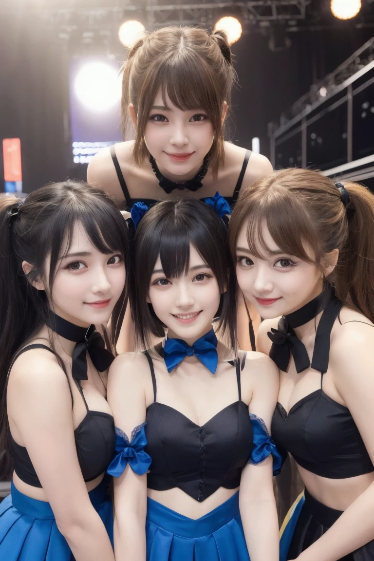 Browsing Caution, ((masterpiece)), ((Highest quality)), (Very detailedな), ((cute)), cute, (Multi-point), ((sexy)), (device), ((Very detailed)), 4K, (8k), Highest quality, (beautiful), hyper cute face, shape, Anime Style,hyper Genuineistic, Genuine, Dynamic Angle, ((whole body)), close, Thick outline, Clear contours, on stage, (Three Girls, 3 cute girls:1.5), (Idol Costumes:1.5), beautiful light brown hair, beautiful brown eyes, ((beautiful eyes)), short hair, Big Breasts,  smile