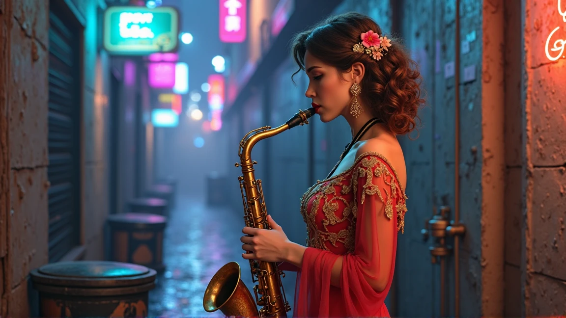 the woman is playing the saxophone。Young 、White、Subtle brown hair、curly hair、Hairpin decorated with flowers、Large Gold Earrings、bright crimson , delicately embroidered dress、has a beautiful face、 bright skin、charming expression、plump figure、Feminine curves、Detailed embroidery and golden decorations on the dress、A glamorous, aristocratic atmosphere、Historical, romantic atmosphere、classic atmosphere、Warm and golden colors、 Glossy Skin 、A subdued, luxurious depiction of light and shadow、High-quality materials。
Futuristic Big City Night、Narrow Back Alley、blue and purple neon lights illuminate the concrete wall。An old saxophone case was left next to the trash can、Droplets of water shining 。Fog creeps down the alley、jazz melodies drift from afar。the house kick drum sounds low、sets a rhythm in silence。
