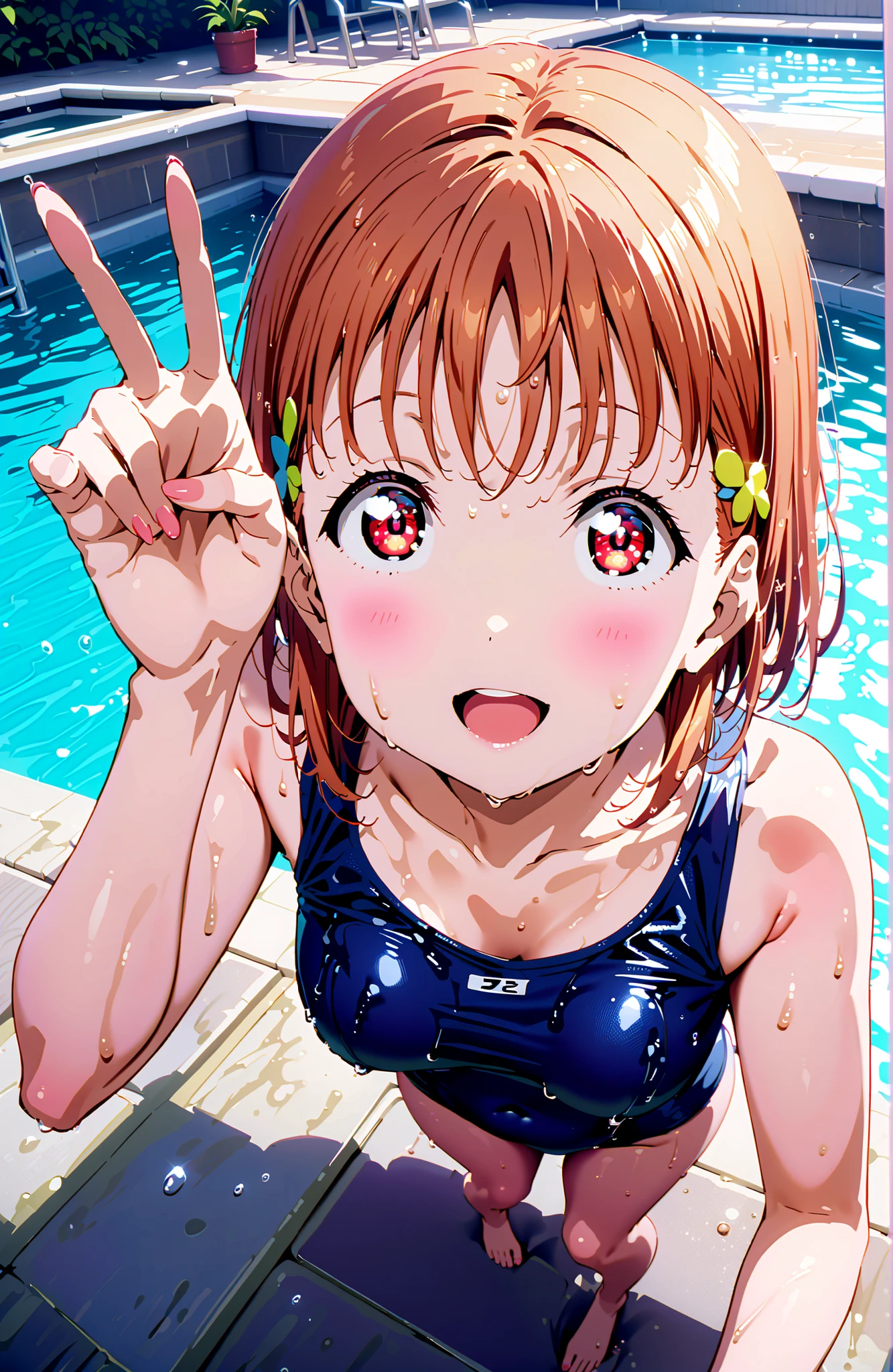 score_9, score_8_up, score_7_up, sauce_anime,Takami Chika, short hair, Red Eyes, stupid hair,school swimsuit,smile,blush,open your mouth,Belly button cover,Wet hair with raw feet,wet swimsuit,wet skin,Submersion,is standing,full bodyがillustrationsに入るように,break outdoors,pool,
break looking at viewer,full body,
break (masterpiece:1.2), top quality, high resolution, Unity 8k 壁紙, (illustrations:0.8), (beautiful detailed eyes:1.6), Highly detailed faces, perfect lighting on the table, extremely detailed CG, (perfect hand, perfect anatomy),