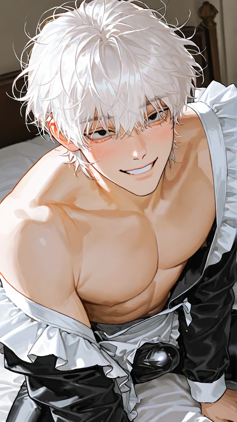 1boy, best quality, detailed face, (detailed eyes:1.3), light-skinned male, white hair, short hair, messy hair, red eyes, happy, shirtless, white bulge, muscular male, indoors, hotel