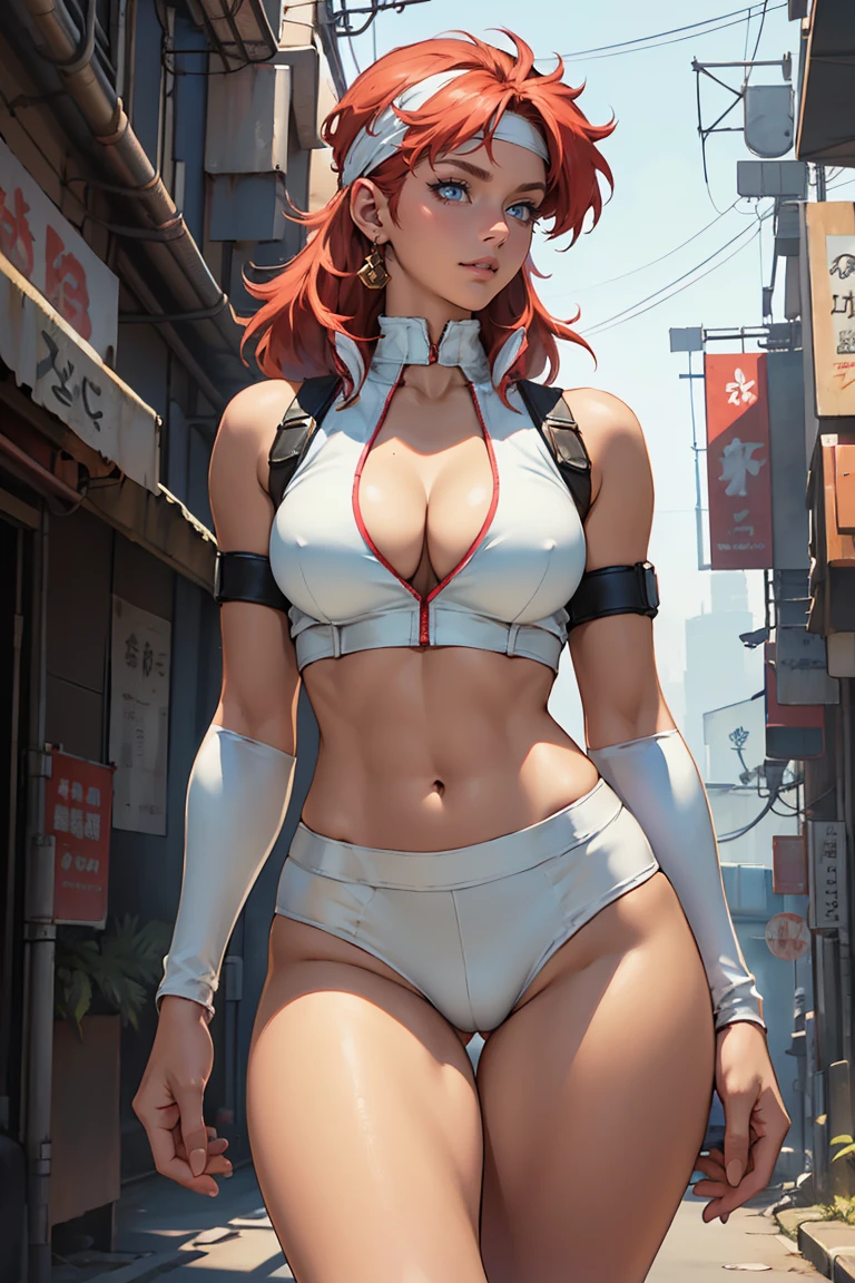 ((Masterpiece, highest quality; 1.3)), super quality, beautiful detail, super detailed, extra fine, 16K, exquisite, absurd, high resolution, beautiful background, detailed background, beautiful eyes, beautiful skin, anime style, Kay from Dirty Pair in a white outfit, tight outfit, cleavage, bushy redhead beauty, very light blue uniform, wearing tight clothes, skimpy, (mid chest: 1.2), cleavage, cleavage, slim waist , thin waist, slim thighs, thin legs, slim legs. thigh gap, showing stomach, skinny, thin hips, cyberpunk city background, holding retro space gun , headband, 