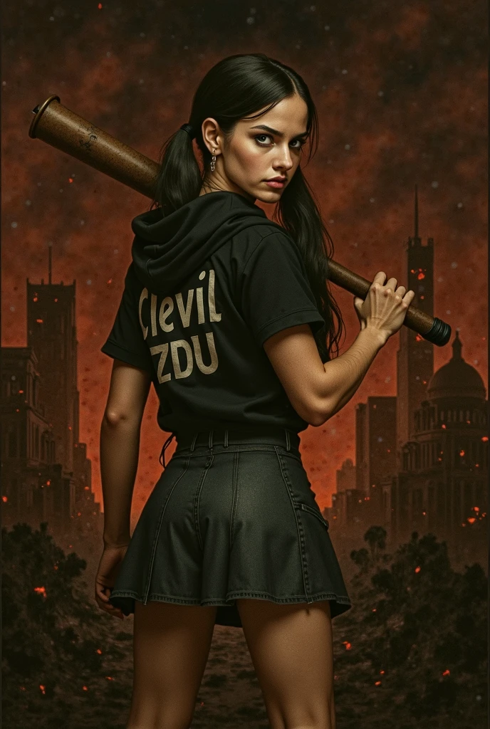 A long-haired woman in brown, wearing a black hood behind her back, written in white letters BRIJ RF51 and jeans in cocoa jeans. The background is a city burned by moths because the Civil War highlights the black red light.

