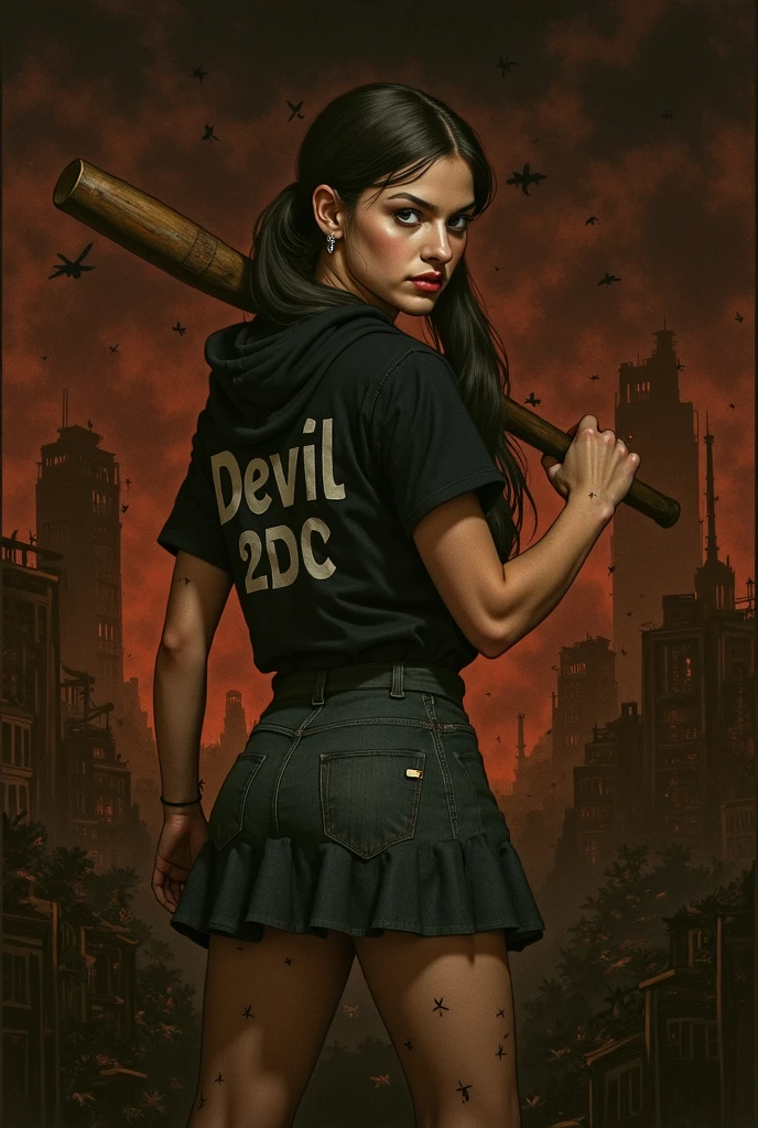 A long-haired woman in brown, wearing a black hood behind her back, written in white letters BRIJ RF51 and jeans in cocoa jeans. The background is a city burned by moths because the Civil War highlights the black red light.

