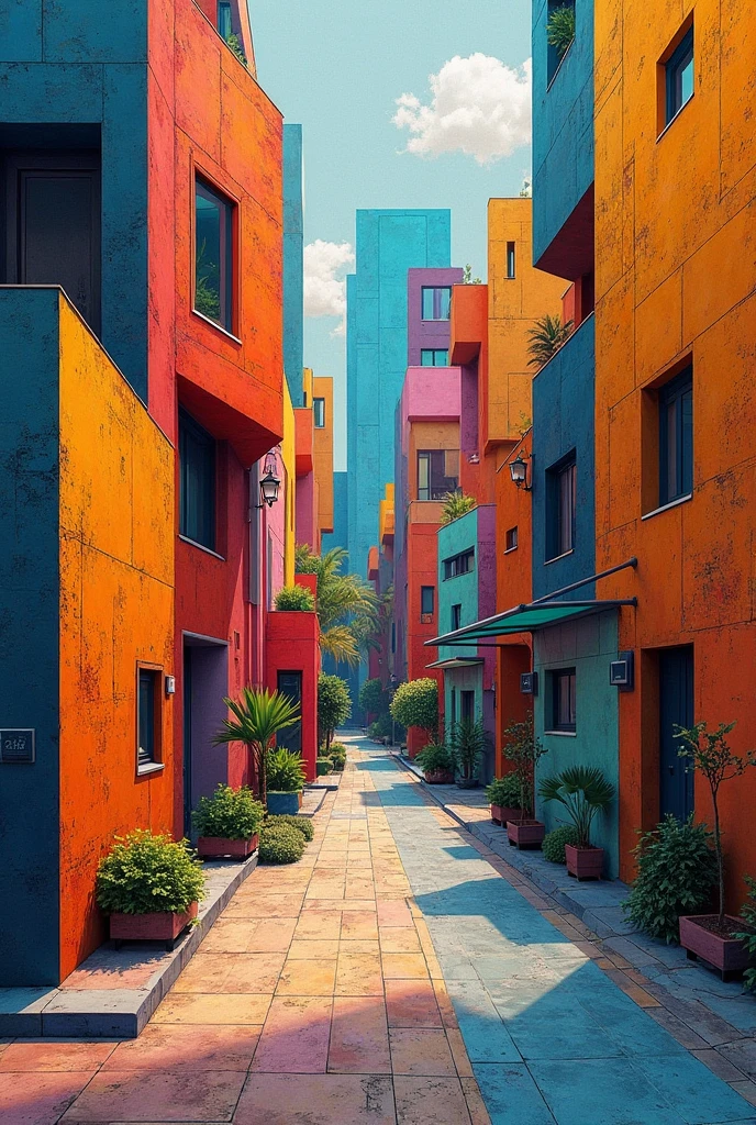 Abstract urban street scene in cubist style, strong geometric shapes, bold color blocks, textured surfaces, inspired by Picasso and Braque, 2:3 ratio, 4K