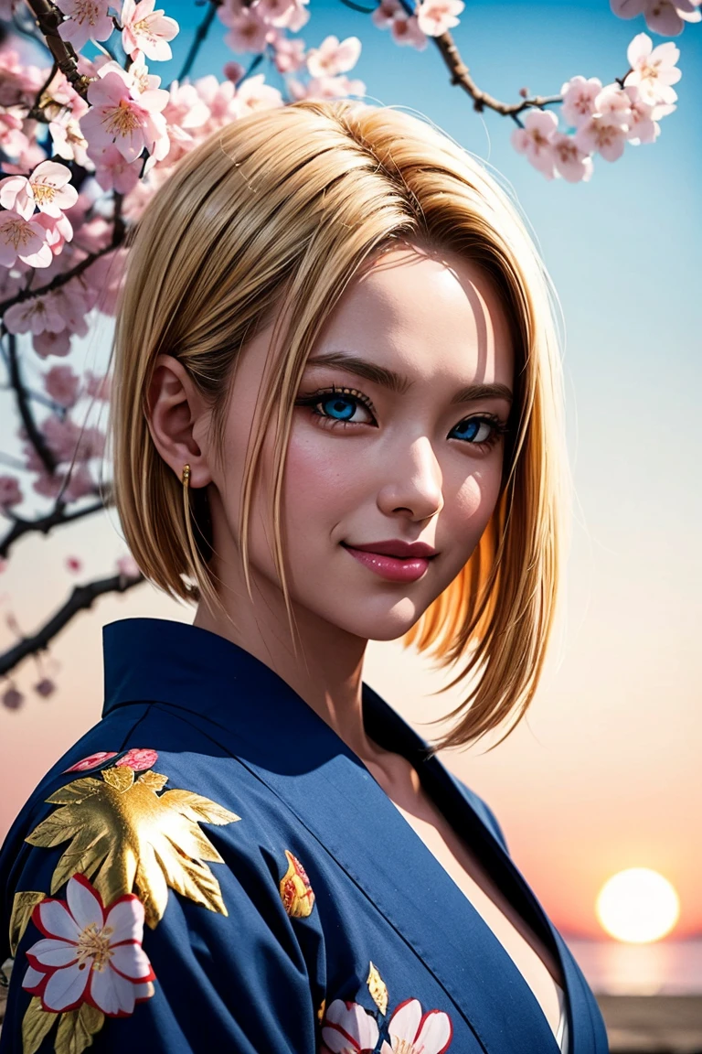 No.18,Dragon Ball Z,One-length hair,beautiful white blond hair, beautiful blue eyes ,PINK LIPS,white skin,in a sakura-colored kimono studded with beautiful gold leaf,smile,Ultra HD,super quality,masterpiece,dslr,photorealistic, Detailed Details,Vivid details,drawn in detail,Detailed face, Detailed Details,Super Details,realistic skin texture that shows through the whole body, colorful candy room ,perfect anatomy,anatomically correct hands,anatomically correct finger,complex 3d rendering,Mysterious cherry blossom blizzard,sunset,Beautiful Dusk,Beautiful Scenery of Japan,Hair fluttering in the breeze,Beautiful like a painting,takes pictures of Hirose's whole body,9 heads,