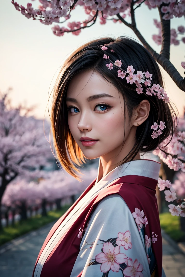 No.18,Dragon Ball Z,One-length hair,beautiful white blond hair, beautiful blue eyes ,PINK LIPS,white skin,in a sakura-colored kimono studded with beautiful gold leaf,smile,Ultra HD,super quality,masterpiece,dslr,photorealistic, Detailed Details,Vivid details,drawn in detail,Detailed face, Detailed Details,Super Details,realistic skin texture that shows through the whole body, colorful candy room ,perfect anatomy,anatomically correct hands,anatomically correct finger,complex 3d rendering,Mysterious cherry blossom blizzard,sunset,Beautiful Dusk,Beautiful Scenery of Japan,Hair fluttering in the breeze,Beautiful like a painting,takes pictures of Hirose's whole body,9 heads,