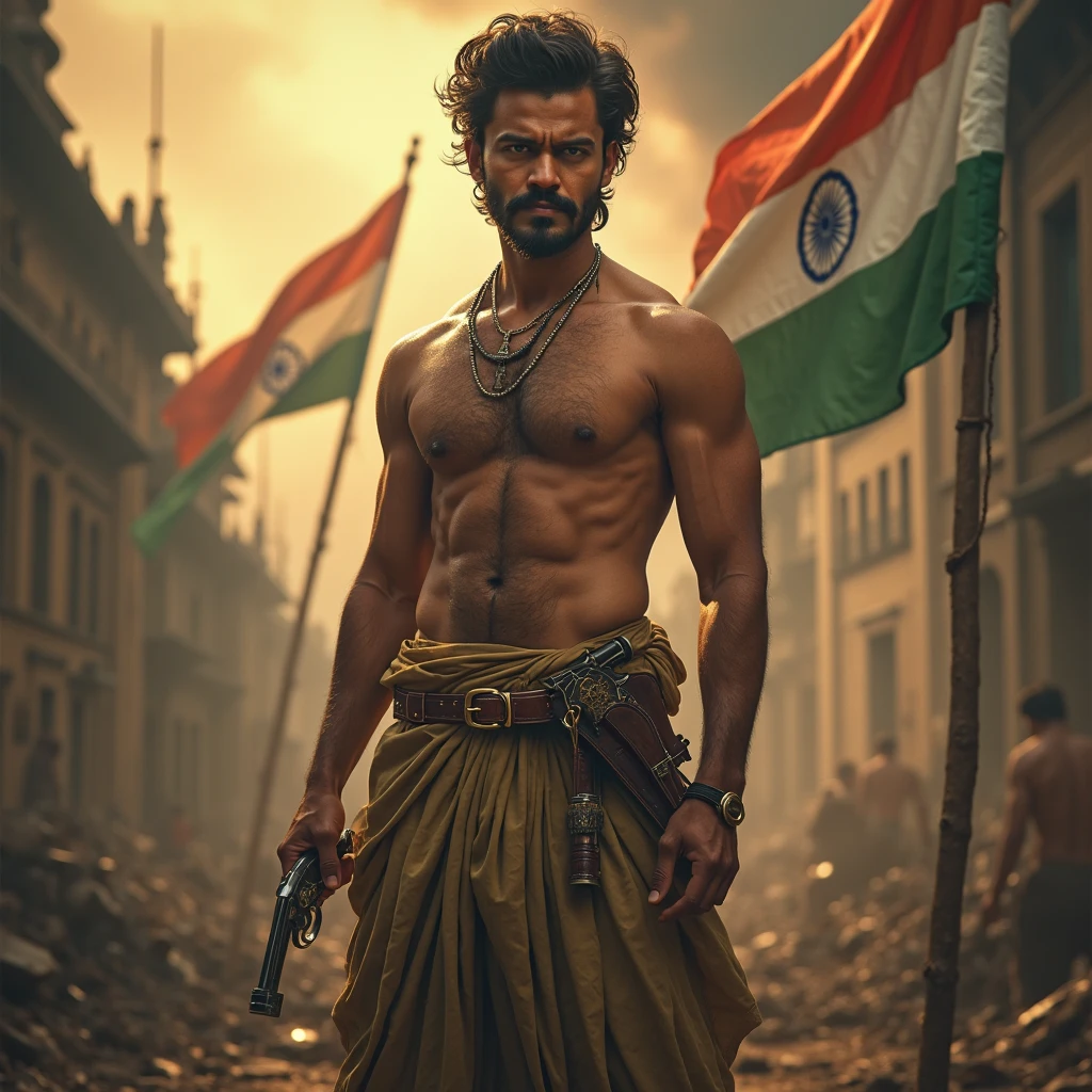 Imagine an Indian cricketer, perhaps with a strong, determined face like Virat Kohli or Rohit Sharma, but wearing a dhoti and a Gandhi cap instead of their cricket uniform. Instead of a cricket bat, they hold a lathi or a flag. Their eyes are filled with the same intensity and focus they exhibit on the cricket field, but this time directed towards a higher purpose.
You could also incorporate elements of Indian freedom struggle into the image:
The backdrop could be a historical Indian monument like the Red Fort or the Jallianwala Bagh.
Symbols of the freedom struggle, like the tri-colour or the spinning wheel, could be incorporated into the image.