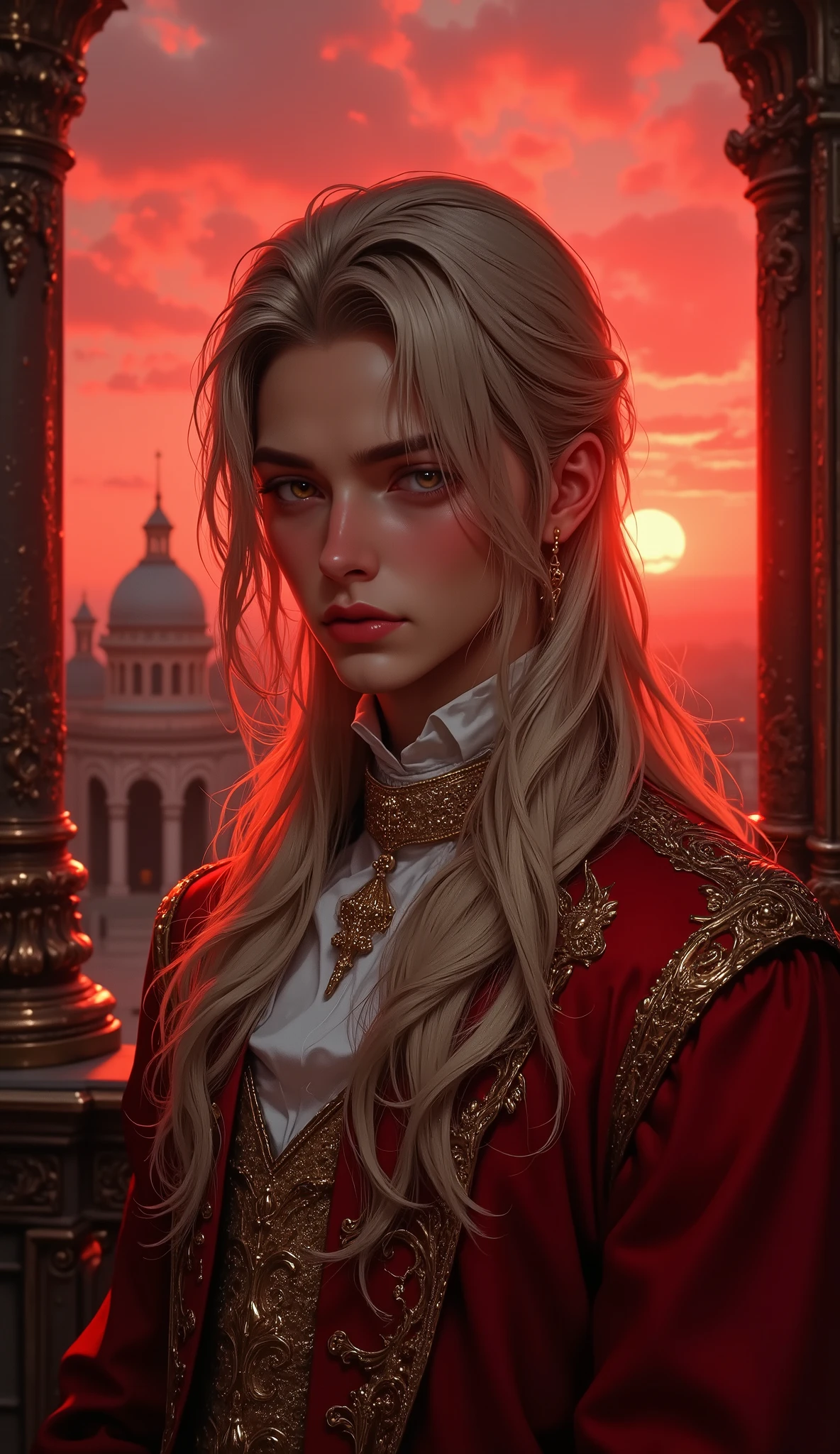 (absurdres, high res, super detailed, HDR), masterpiece, elaborate, top quality, handsome girl cartoon character portrait, K-pop idol-style handsome East European man. blonde male, Lonely and lonely eyes. Soft blond long hair falling naturally. Wearing luxurious royal attire. The background is a palace balcony with a red sunset, Sentimental medieval palace scenery with a lonely silhouette.
