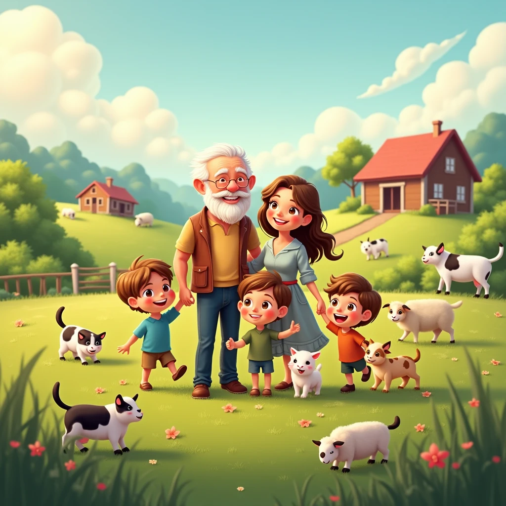 the Smiling Farm, chica mayor, With grandma and grandpa and the animals (puppies, cats, cows, sheep among others)