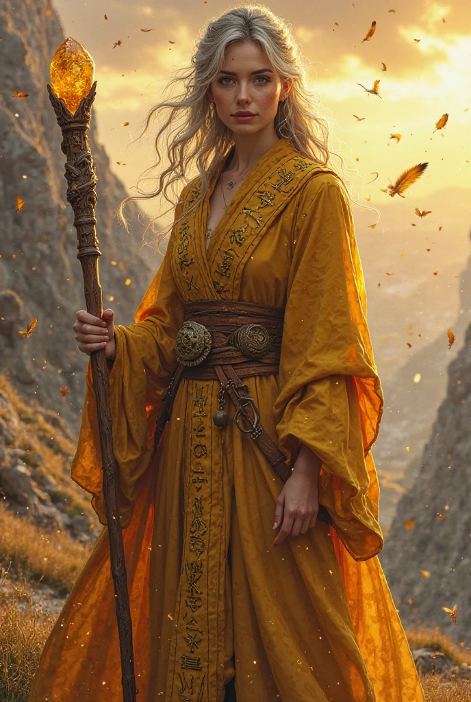 Powerful female wizard, standing on a wind-swept mountain pass at golden hour, wearing richly layered yellow and ochre robes with hand-stitched runes, alchemical symbols, and philosophical patterns. Her robes are worn but meticulously crafted, blending humility with mastery. Mature face, sharp golden-brown eyes full of wisdom, her hair is long, slightly wavy, and streaked with gray, loosely tied. She carries a sturdy, carved wooden staff with a glowing citrine crystal. Around her, floating symbols of sacred geometry, golden motes, and ethereal feathers gently swirl, signifying her deep knowledge of magic and thought. Her posture is grounded and dignified, radiating quiet authority. She exudes an aura of intellectual power and dedication, a philosopher-mage whose presence is both impressive and deeply humble. Realistic fantasy style, high detail, dramatic lighting, warm golden tones, cinematic atmosphere.

Negative prompt:
Crown, divine glow, god-like aura, royal attire, overly ornate, futuristic elements, sci-fi armor, anime style, cartoonish proportions, forced sensuality.