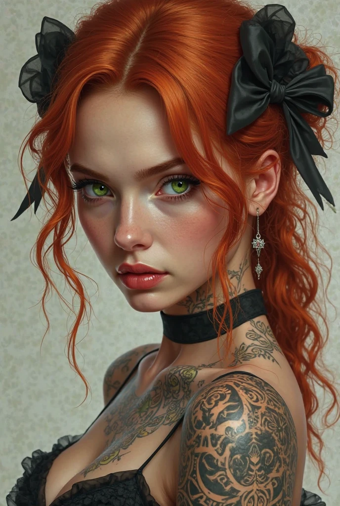 Create redhead woman with green eyes realistic face with tattoos with bows