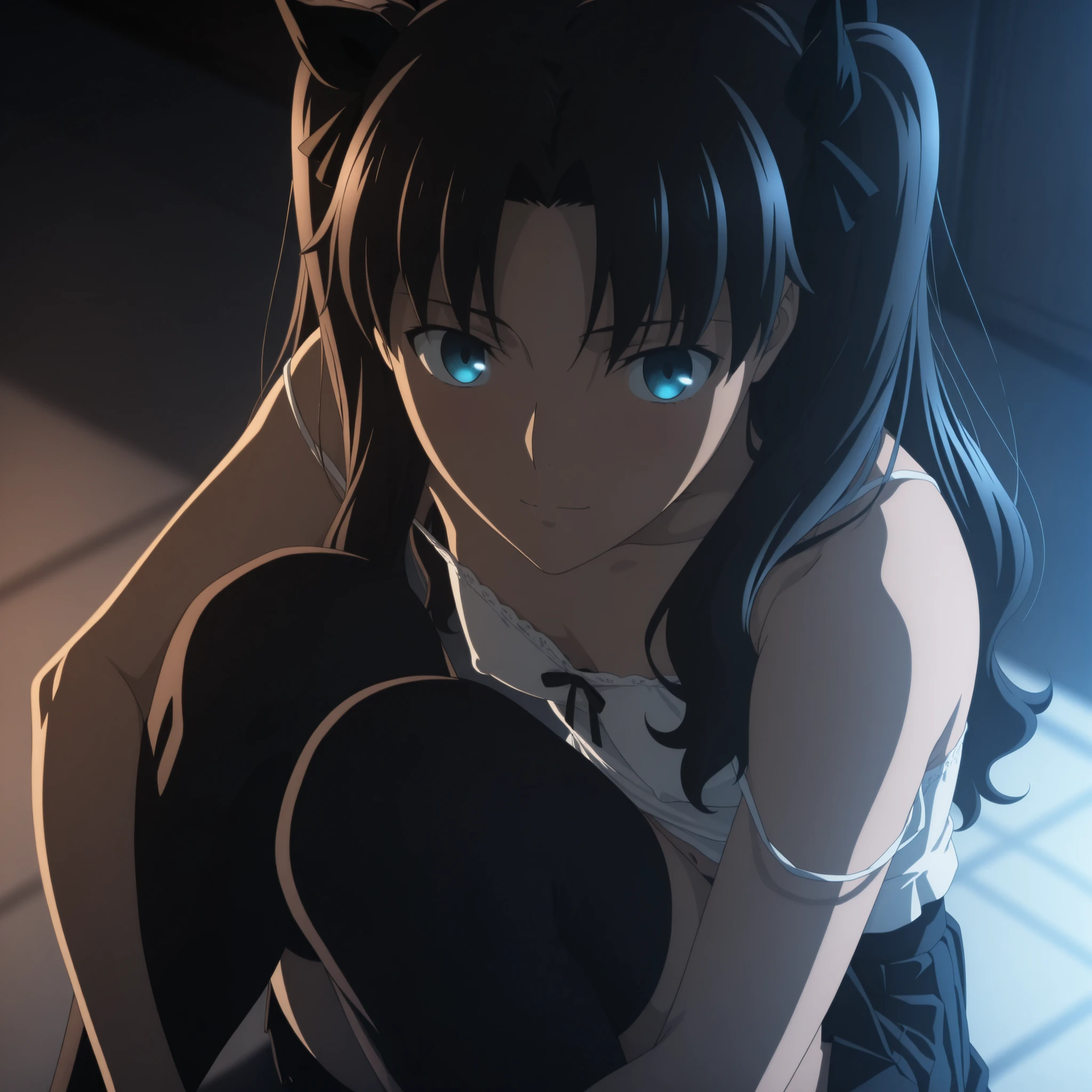 masterpiece, best quality, amazing quality, highres, absurdres, very aesthetic, high resolution, ultra detailed, perfect details, midnight, , indoors, ufotable style, (from above, from back), blue hour, backlight,
1girl, ufotable style, anime style, (anime coloring:1.5), (anime screencap:1.2) ,(aged up),
girl, mature, slim body, slender body, ,tohsaka rin, long hair, blue eyes, black hair, two side up, hair bow, black bow, parted bangs, fetal position, sitting, , (knees to chest),
(show off nipple), RinCamisole, white camisole, strap slip, cross-laced top, bare shoulders, navel, black skirt, pleated skirt, black thighhighs ,small breast, (looking at viewer), expressionless, embarrassed, light smile,