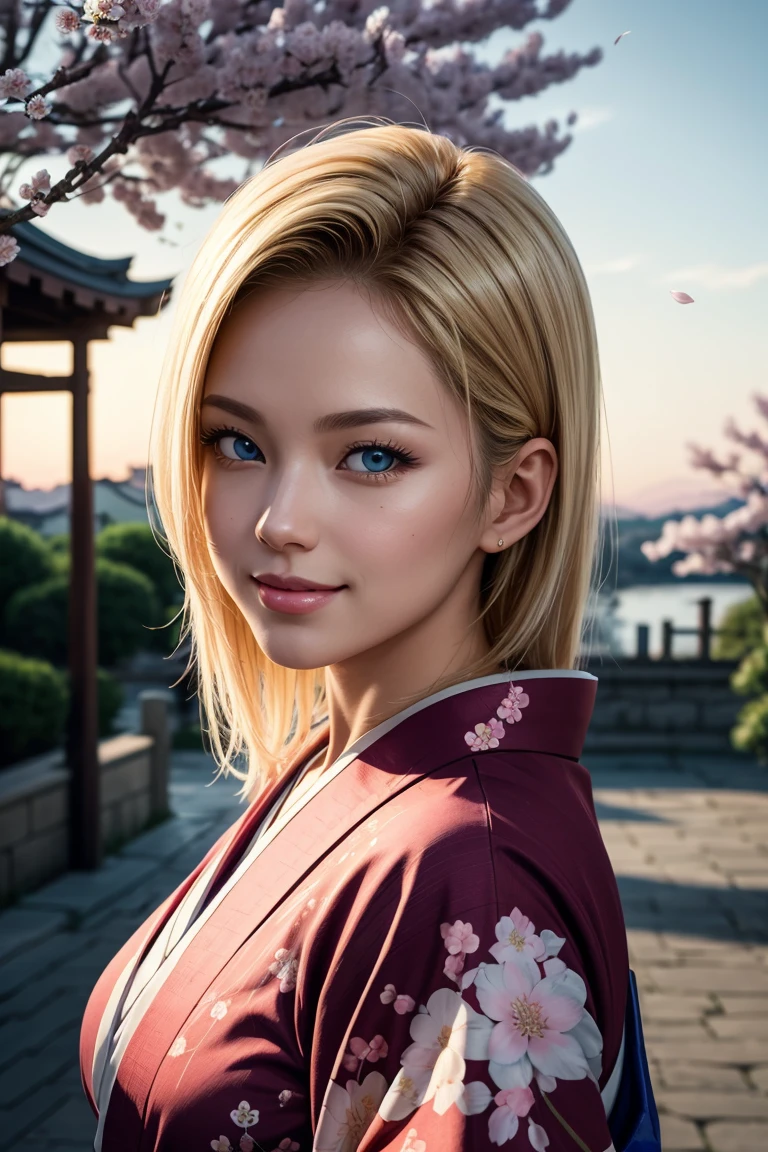 No.18,Dragon Ball Z,One-length hair,beautiful white blond hair, beautiful blue eyes ,PINK LIPS,white skin,in a sakura-colored kimono studded with beautiful gold leaf,smile,Ultra HD,super quality,masterpiece,dslr,photorealistic, Detailed Details,Vivid details,drawn in detail,Detailed face, Detailed Details,Super Details,realistic skin texture that shows through the whole body, colorful candy room ,perfect anatomy,anatomically correct hands,anatomically correct finger,complex 3d rendering,Mysterious cherry blossom blizzard,sunset,Beautiful Dusk,Beautiful Scenery of Japan,Hair fluttering in the breeze,Beautiful like a painting,takes pictures of Hirose's whole body,9 heads,