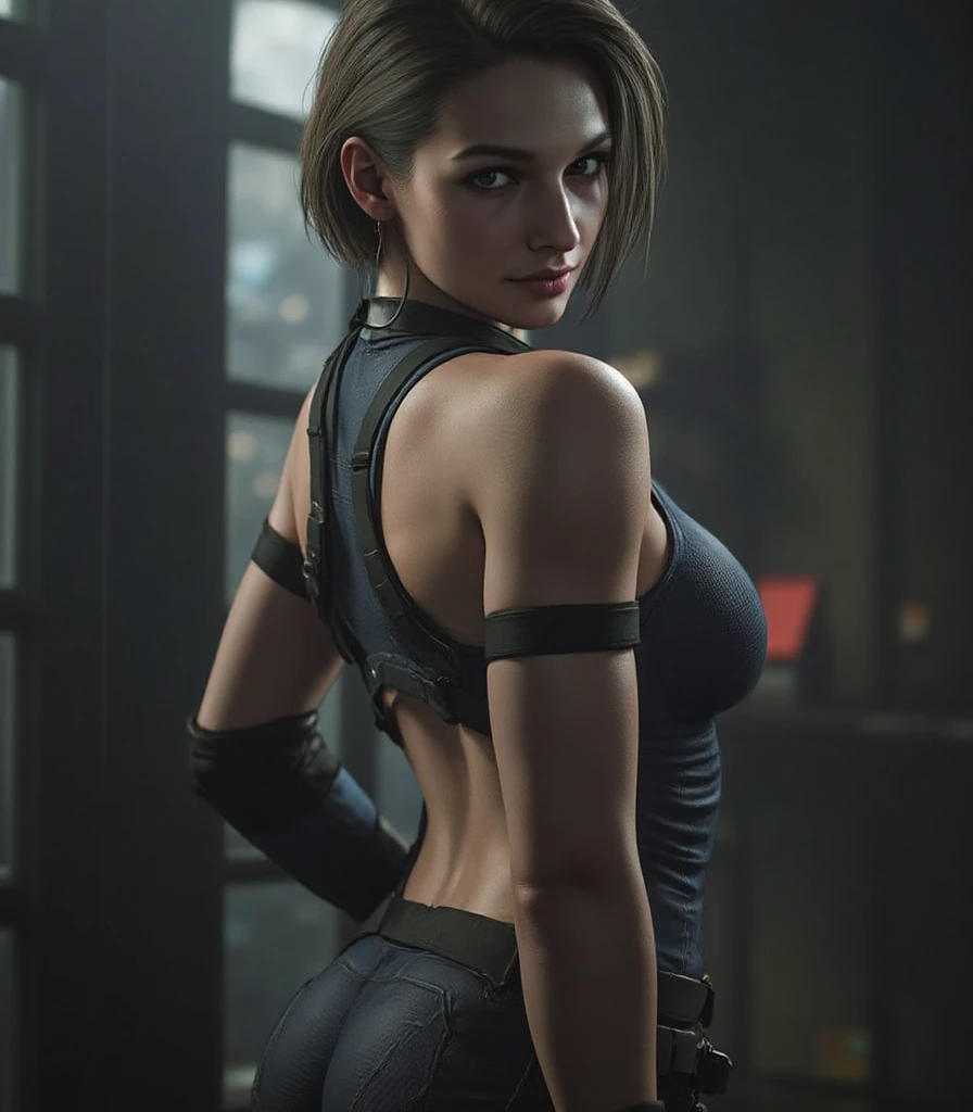 photorealistic, high resolution, 1women, mature female, solo, hips up, black hair, short hair, blue bikini, necklace,Jill Valentine - Resident Evil Series, back view