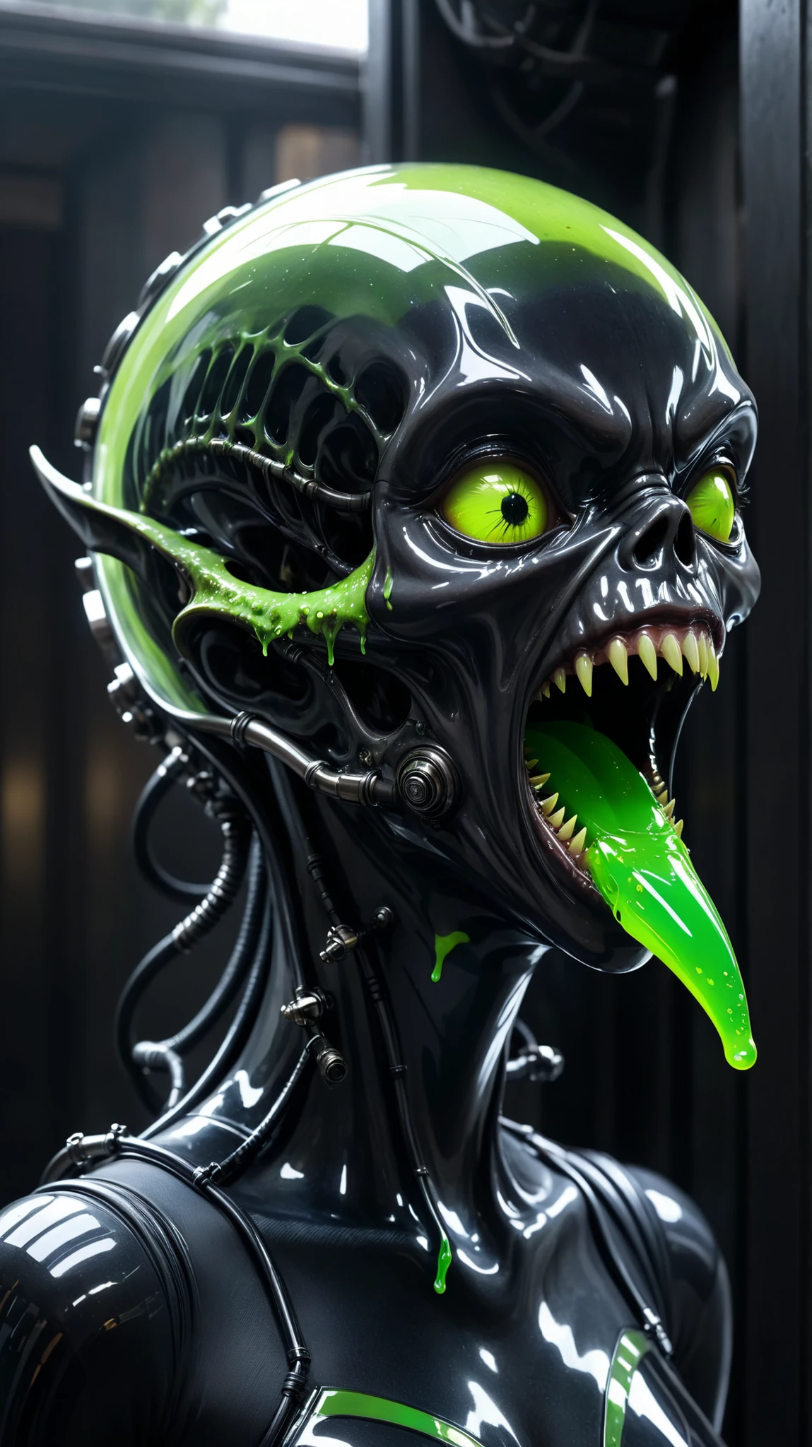 Grotesque creatures from outer space、dark metallic skin、it grows a lot of things that look like fine pipes。The head is long in the back、It's covered with a transparent windshield and、Fine light shines inside、The。The camera pulled、angle where you can see your whole body。I have a lot of sharp fangs。It runs through a mechanical biological passageway。Fluorescent yellow-green liquid is dripping from the mouth。