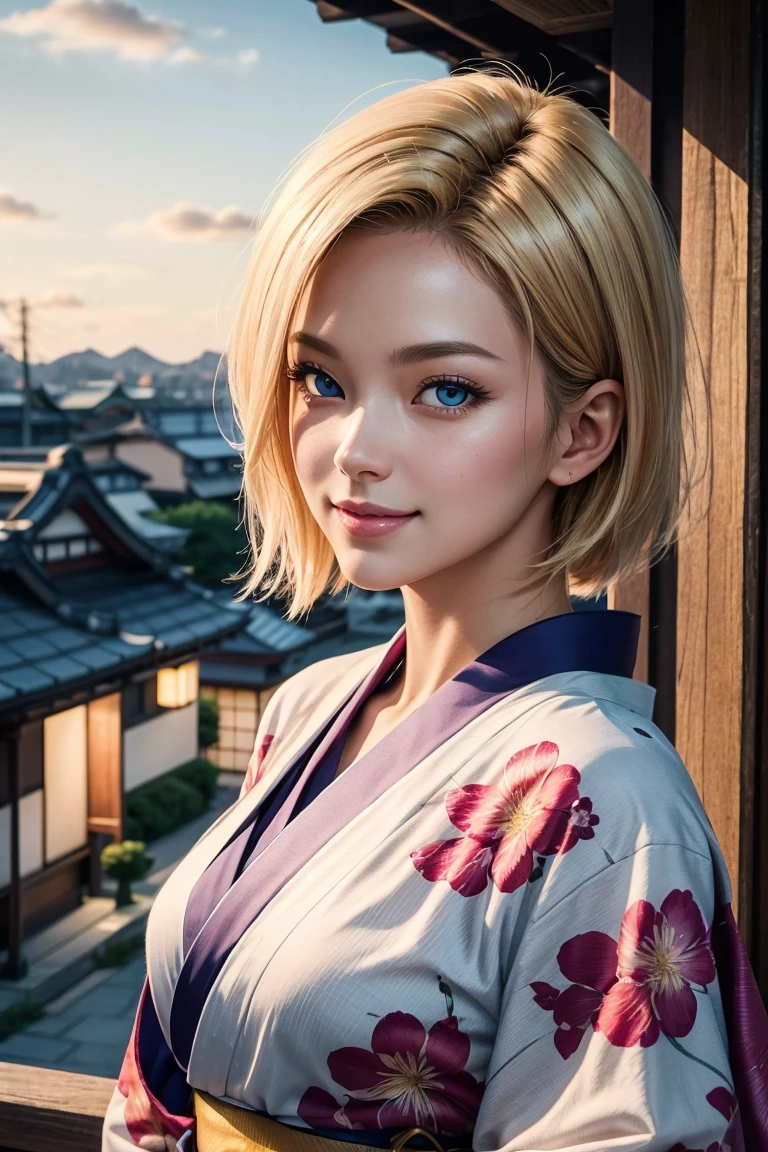 No.18,Dragon Ball Z,One-length hair,beautiful white blond hair, beautiful blue eyes ,PINK LIPS,white skin,in a sakura-colored kimono studded with beautiful gold leaf,smile,Ultra HD,super quality,masterpiece,dslr,photorealistic, Detailed Details,Vivid details,drawn in detail,Detailed face, Detailed Details,Super Details,realistic skin texture that shows through the whole body, colorful candy room ,perfect ,anatomically correct hands,anatomically correct finger,complex 3d rendering,Mysterious cherry blossom blizzard,sunset,Beautiful Dusk,Beautiful Scenery of Japan,Hair fluttering in the breeze,Beautiful like a painting,takes pictures of Hirose's whole body,9 heads,
