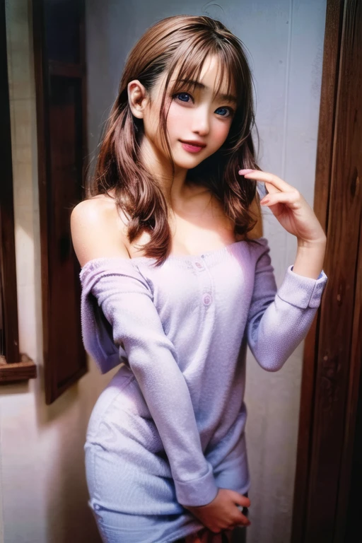 best quality, masterpiece,(purple hair),small breast,(ultra-detailed), photorealistic, 1girl, seductive smile, cowboy shot, hands together in front, background street, nature, peaceful neighborhood, sunlight,asian, ((mature female)), portrait, (8k, raw photo), (photorealistic:1.2) <lora:koreanDollLikeness_v10:0.10>, (film grain) <lora:zsy:0.7>