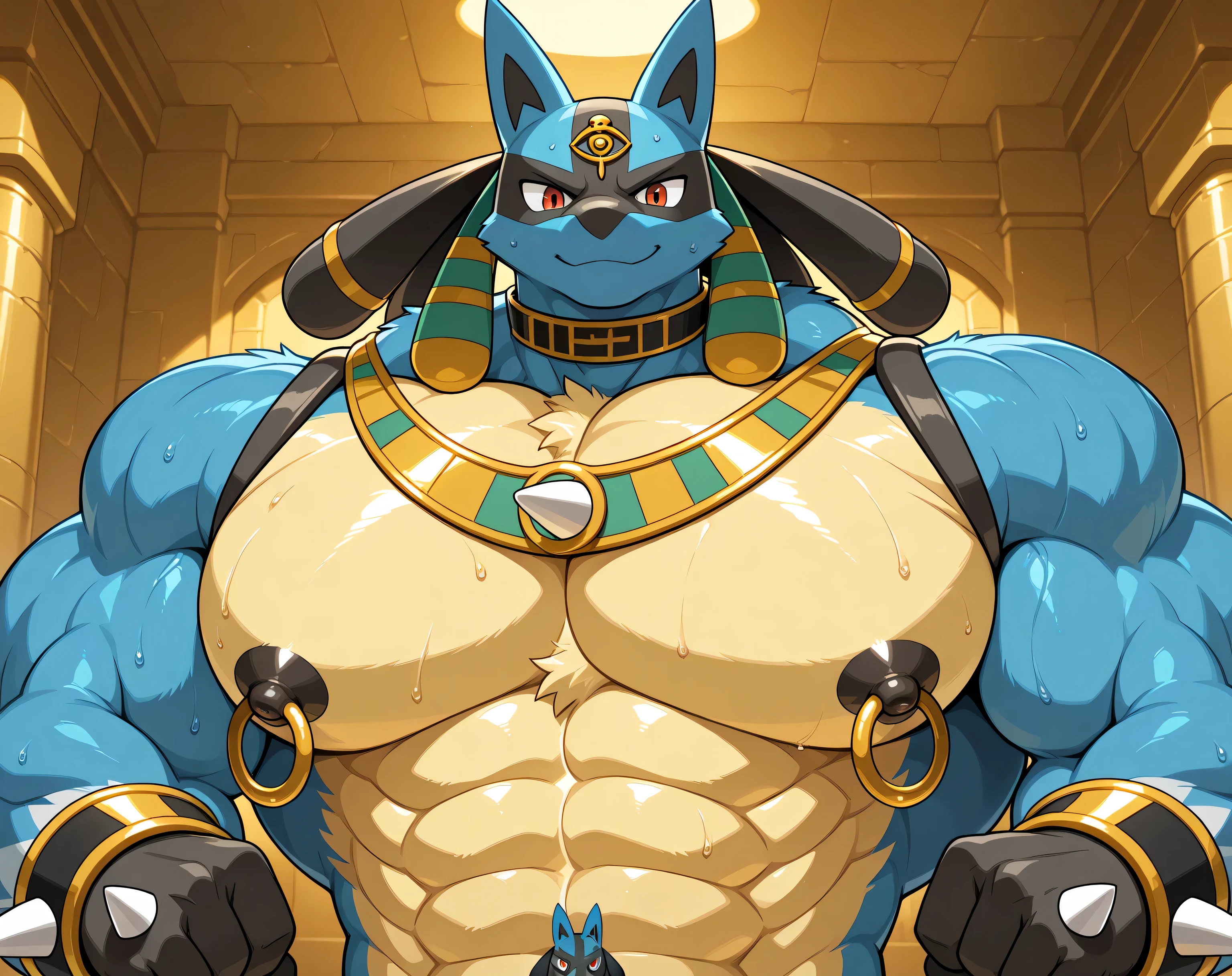 detailed background, low view, egypt, close up, solo, alone score_9_up,score_8_up,score_7_up,score_6_up,score_5_up,score_4_up, BREAK kemono, bara, furry, 1boy, anthro, LucarioRS, pokemon (creature), lucario, Blue Fur, Chest Spike, Red Eyes, yellow chest fur with thicker patches on the collar, Spike on Hands, Two tone fur, Egyptian necklace, jewelry, huge muscular, broad shoulders, male, macro, black collar on neck, tail, male, posing, bedroom eyes, sweaty, huge black nipples, huge golden nipple rings, angry, closed mouth, smile, looking down at viewer, upper body shot