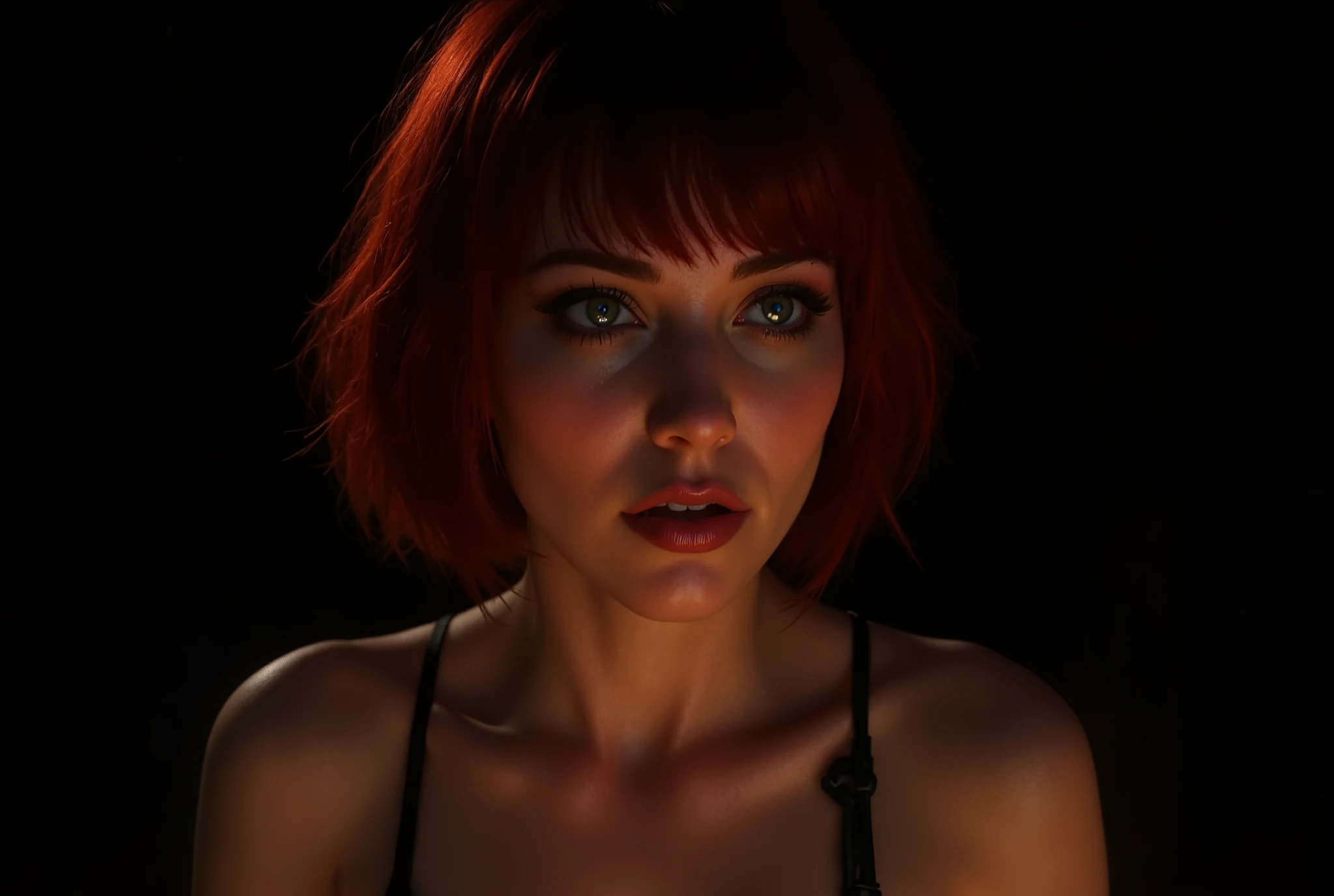Her name is Lilith. She is the vivid expression of defeat, she is sad and rejected. Her hair is short and cut in a bob style, a fiery red with bangs, detailed hair, very sexy scalded hair. She is beautiful, wears gothic makeup and her eyes look at the camera with deep sadness, long eyelashes. Her face is irresistibly beautiful. Full and pink lips. Sexually appetizing. Ultra-realistic wide-angle photo showing her face in great detail, sun-tanned skin, dramatic lighting, cinematic composition, muted color palette, brave and realistic, hyper-detailed, photorealistic, award-winning digital art, 8k, HDR, masterful work, sitting sideways to the camera, in profile, we can appreciate her incredible beauty and sadness. She is sad with her face looking at the camera. solo artist, perfect body, sad and alone, pure black background ideal for wallpaper, detailed face, backlighting, magical atmosphere, sexy, seductive, femme fatale