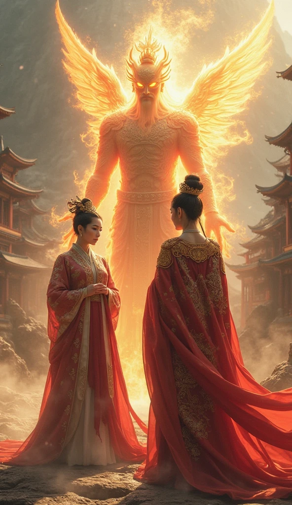 A Chinese Emperor and Empress, wearing dragon-embroidered silk robes, highly detailed. Behind them floats a huge ghostly humanoid spirit — a phoenix-armored celestial warrior glowing with golden and red mist. Ancient palace and misty mountains background, cinematic lighting.