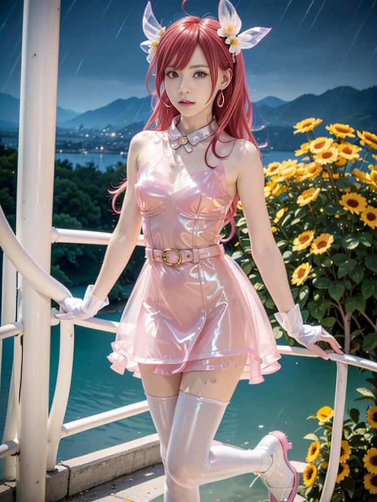 gorgeous redhead woman wearing semi transparent pink dress, medium tits, small salient vulva, anime style, 8k