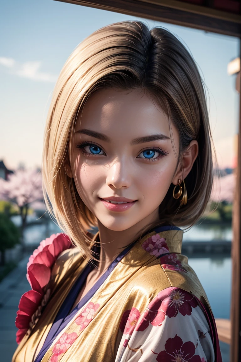 No.18,Dragon Ball Z,One-length hair,beautiful white blond hair, beautiful blue eyes ,PINK LIPS,white skin,in a sakura-colored kimono studded with beautiful gold leaf,smile,Ultra HD,super quality,masterpiece,dslr,photorealistic, Detailed Details,Vivid details,drawn in detail,Detailed face, Detailed Details,Super Details,realistic skin texture that shows through the whole body, colorful candy room ,perfect anatomy,anatomically correct hands,anatomically correct finger,complex 3d rendering,Mysterious cherry blossom blizzard,sunset,Beautiful Dusk,Beautiful Scenery of Japan,Hair fluttering in the breeze,Beautiful like a painting,takes pictures of Hirose's whole body,9 heads,