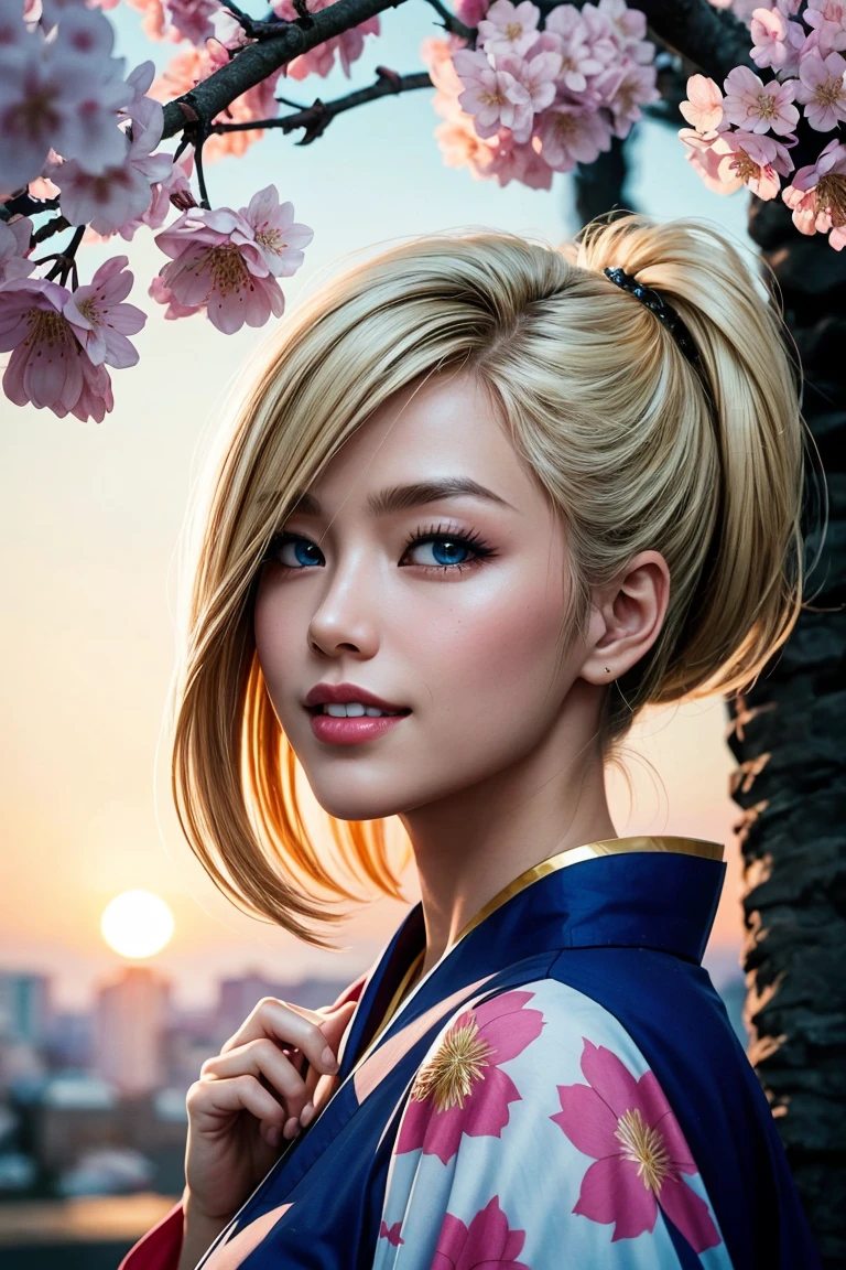 No.18,Dragon Ball Z,One-length hair,beautiful white blond hair, beautiful blue eyes ,PINK LIPS,white skin,in a sakura-colored kimono studded with beautiful gold leaf,smile,Ultra HD,super quality,masterpiece,dslr,photorealistic, Detailed Details,Vivid details,drawn in detail,Detailed face, Detailed Details,Super Details,realistic skin texture that shows through the whole body, colorful candy room ,perfect anatomy,anatomically correct hands,anatomically correct finger,complex 3d rendering,Mysterious cherry blossom blizzard,sunset,Beautiful Dusk,Beautiful Scenery of Japan,Hair fluttering in the breeze,Beautiful like a painting,takes pictures of Hirose's whole body,9 heads,