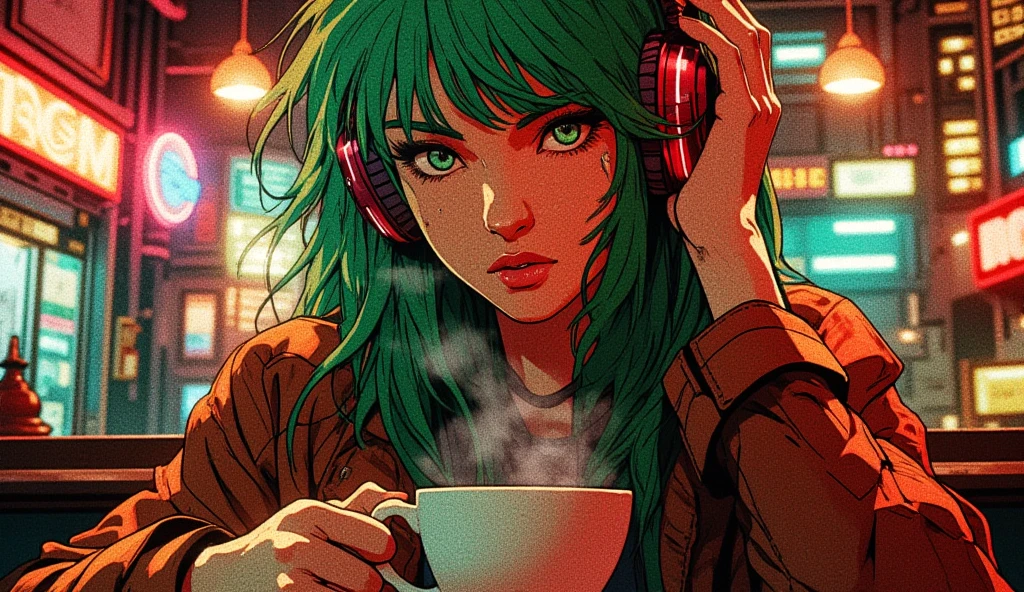 Beautiful green haired Woman with Headphones, 80's sexy Cyberpunkstil, synthwave colors, in a Cyberpunk-Coffee 