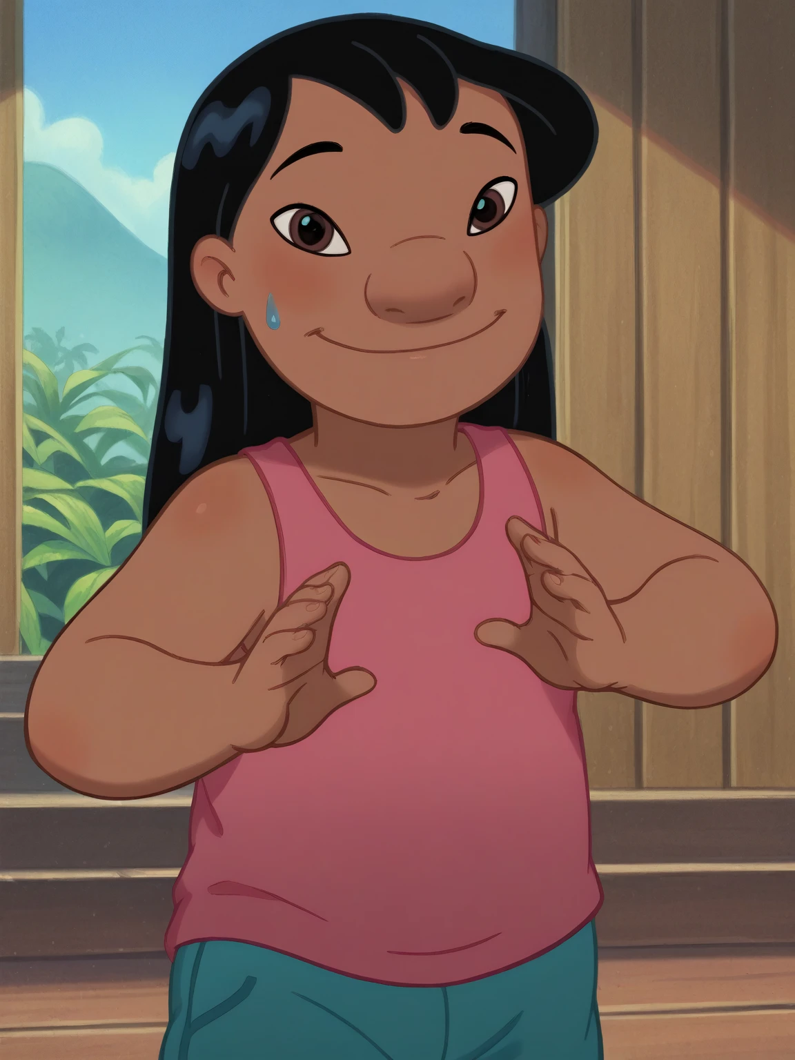 score_9, score_8_up, score_7_up, rating_explicit, source_anime,detailed skins, body blush,cowboy shot, flat ,  highly detailed, body blush,cowboy shot, looking at viewer, perfect eyes,perfect hands, sidelocks,lilo, long black hair, brown eyes, dark skin, flat , Pink tank top,Blue Sweatpants, Red boots, smile, hand wave, full view