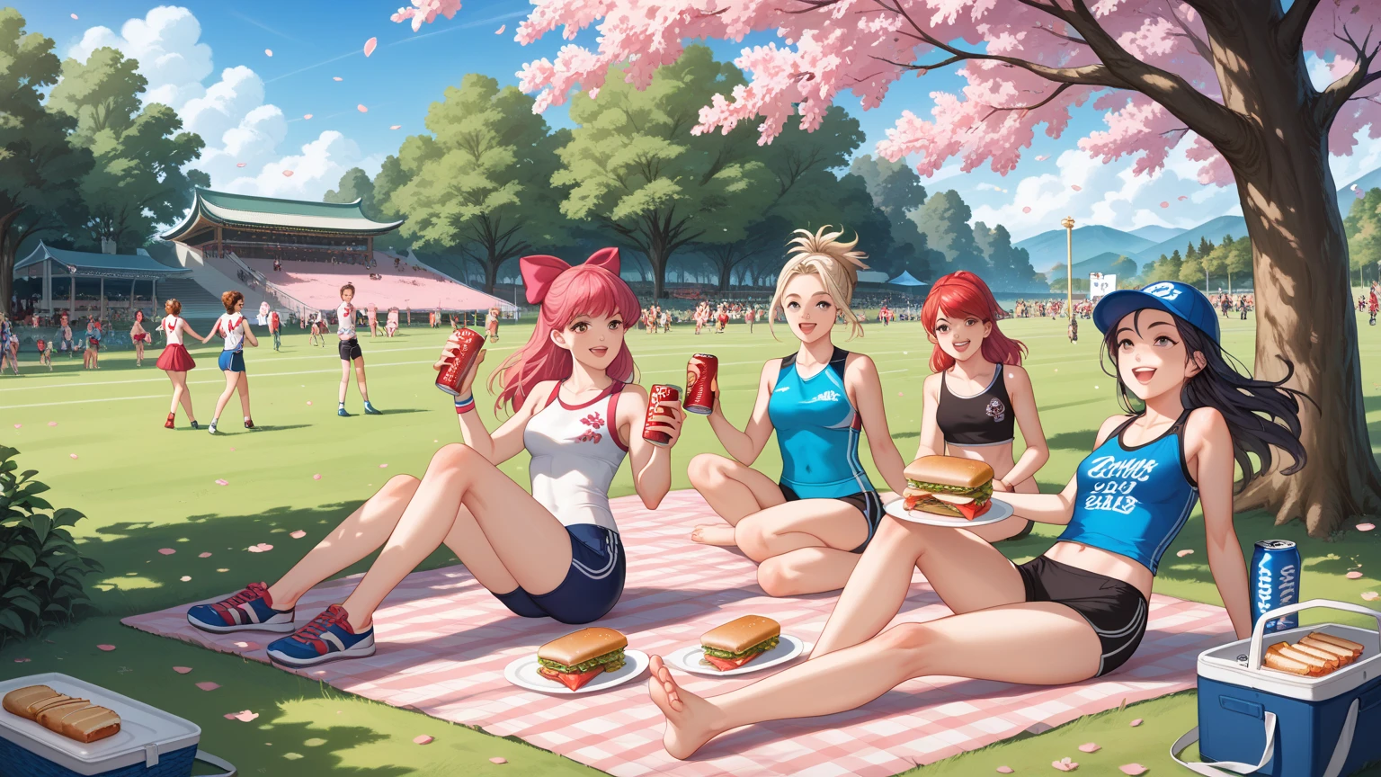 Women’s sports club, cherry blossom viewing, sporty attire, windbreakers, young women, diverse ethnicity, black-skinned, under cherry trees, cans of juice, sandwiches, rice ?????, casual picnic, outdoor gathering, springtime, cheerful atmosphere, cultural diversity, Japanese tradition, outdoor leisure, nature, friendship, relaxation, healthy lifestyle, seasonal event, cherry blossom trees, full bloom, floral backdrop, crowded park, hanami, festive atmosphere, picnic scene, social gathering, diverse crowd, young women, sporty outfits, windbreakers, outdoor leisure, food sharing, juice cans, sandwiches, rice ?????, multicultural, spring celebration, natural beauty, vibrant environment.