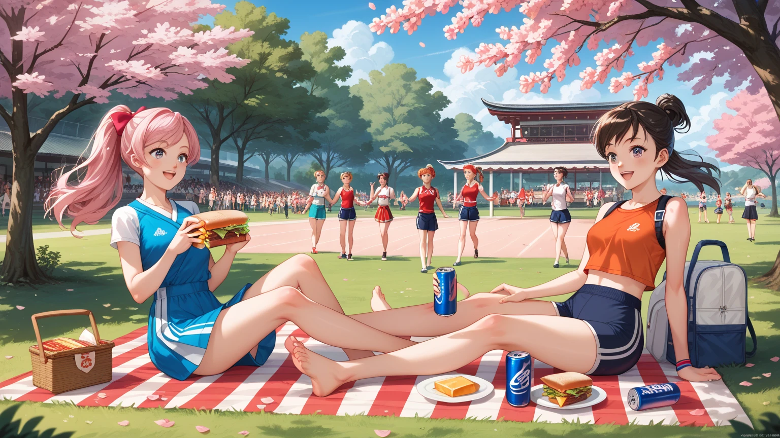 Women’s sports club, cherry blossom viewing, sporty attire, windbreakers, young women, diverse ethnicity, black-skinned, under cherry trees, cans of juice, sandwiches, rice balls, casual picnic, outdoor gathering, springtime, cheerful atmosphere, cultural diversity, Japanese tradition, outdoor leisure, nature, friendship, relaxation, healthy lifestyle, seasonal event, cherry blossom trees, full bloom, floral backdrop, crowded park, hanami, festive atmosphere, picnic scene, social gathering, diverse crowd, young women, sporty outfits, windbreakers, outdoor leisure, food sharing, juice cans, sandwiches, rice balls, multicultural, spring celebration, natural beauty, vibrant environment.