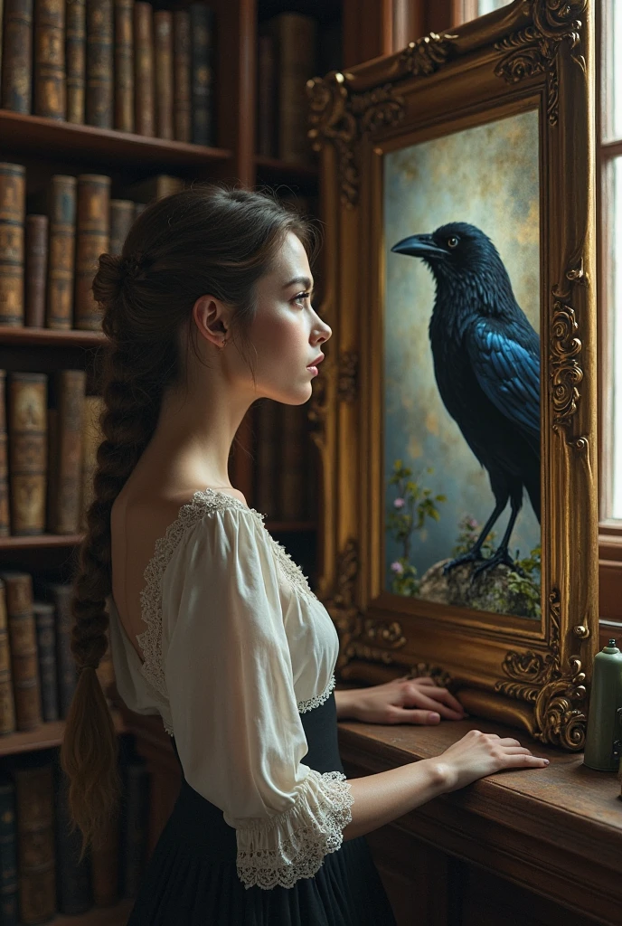 A beautiful woman staring at the portrait of a raven in a library 