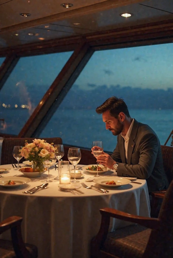 two stunning men having a romantic candle-lit dinner in a space station, sfw, 2boy