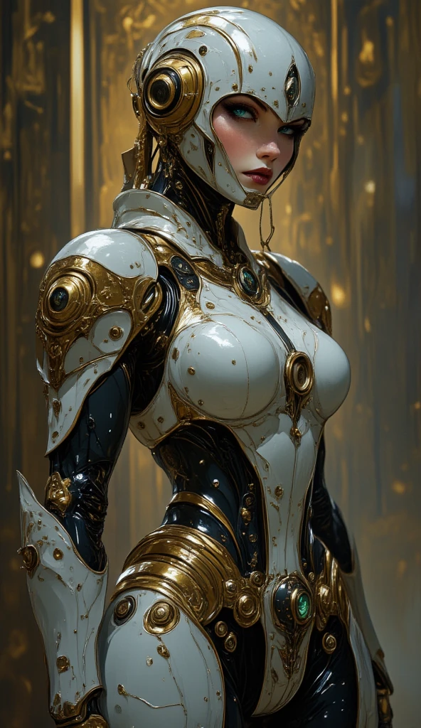 (((epic and visually stunning digital anime masterpiece:1.5))), elegant feminine military mechanical ((robot)) soldier:1.7, wearing a sleek, ornate military trench coat:1.6, with a delicate, androgynous silhouette, slim waist, graceful limbs, and refined curves:1.6, (((tactical robot knight helmet with optical sensors:1.9))), built-in exoskeleton coat over a sensual, sleek armor-plated undersuit with  waist and thighs:1.6, ((brass and leather materials, engraved gothic sci-fi design:1.8))), (((soft expression, poised posture, fine features))), looking at viewer, ((depth of field, cinematic lighting, chromatic aberration, ray tracing, UHD, masterpiece, highres, 8k))), ((dieselpunk:1.4, decopunk:1.4, artificial elegance))
