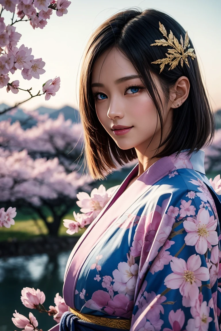 No.18,Dragon Ball Z,One-length hair,beautiful white blond hair, beautiful blue eyes ,PINK LIPS,white skin,in a sakura-colored kimono studded with beautiful gold leaf,smile,Ultra HD,super quality,masterpiece,dslr,photorealistic, Detailed Details,Vivid details,drawn in detail,Detailed face, Detailed Details,Super Details,realistic skin texture that shows through the whole body, colorful candy room ,perfect anatomy,anatomically correct hands,anatomically correct finger,complex 3d rendering,Mysterious cherry blossom blizzard,sunset,Beautiful Dusk,Beautiful Scenery of Japan,Hair fluttering in the breeze,Beautiful like a painting,takes pictures of Hirose's whole body,9 heads,