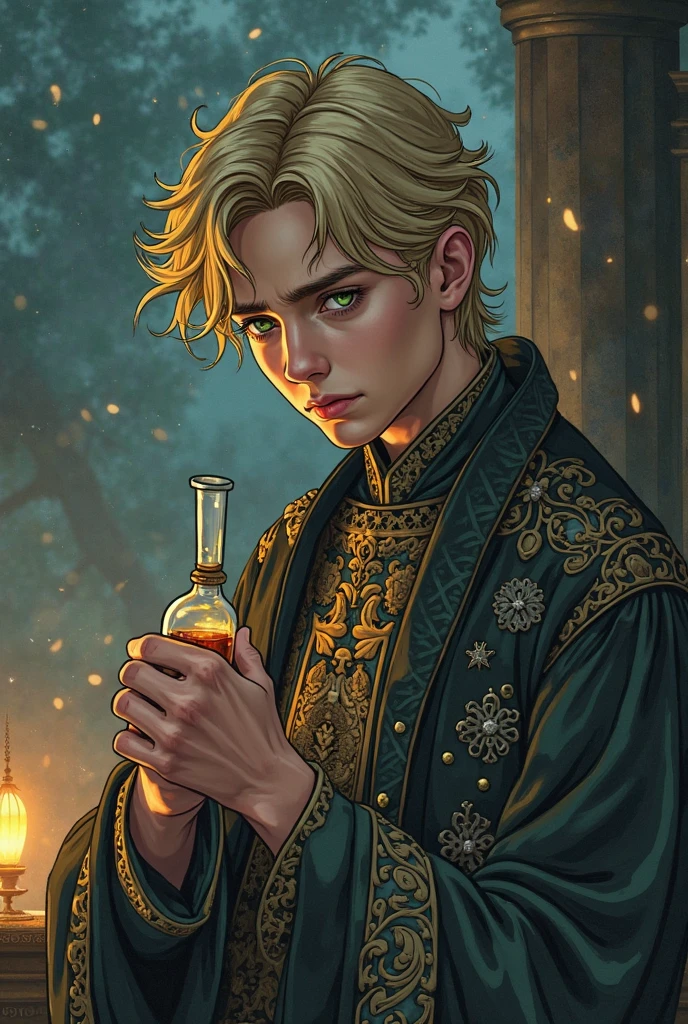 19-year-old blond boy with green eyes with a look of suffering and sadness, Royal dress, taking a poison position, At dusk in Manhwa style
