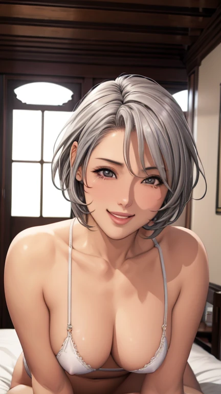 masterpiece、high resolution、high resolution、high resolution、  female、    very近い、    very,     very small breasts))、((silver hair、short hair))、明るいsmile、open your mouth and laugh、pink lip gloss、 、sexy、smile　　the point of view is from directly below　posing like a gravure idol　on all fours　Hands on the floor