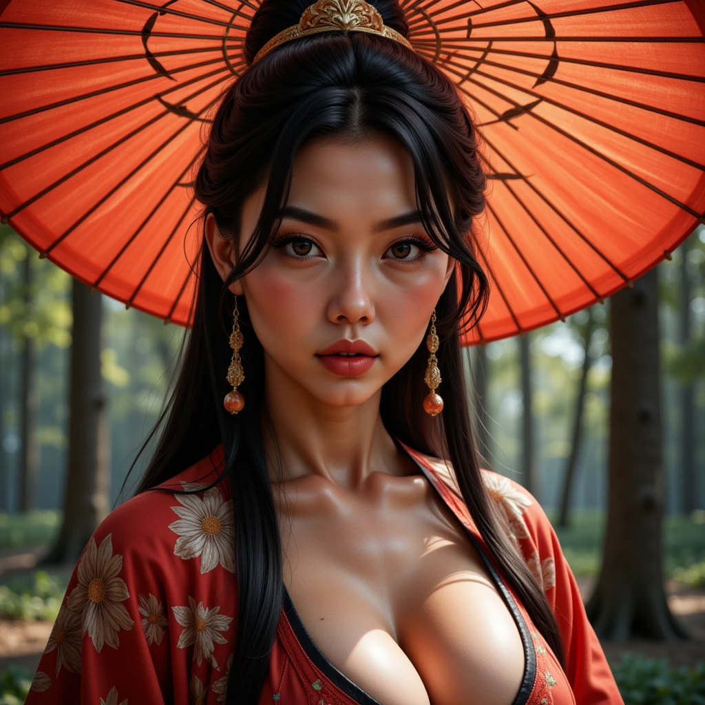 Tanjiro's Haori Hood Umbrella,detailed portrait,exquisite facial features,intense expression,determined posture,intricate detailed haori design,traditional Japanese umbrella,lush forest background,warm lighting,cinematic atmosphere,vibrant colors,digital painting,masterpiece,8K,hyper-detailed,photorealistic,HDR,studio lighting,physically-based rendering,vivid colors,dramatic lighting