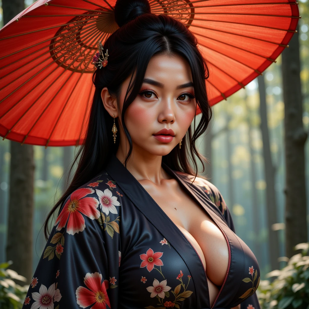 Tanjiro's Haori Hood Umbrella,detailed portrait,exquisite facial features,intense expression,determined posture,intricate detailed haori design,traditional Japanese umbrella,lush forest background,warm lighting,cinematic atmosphere,vibrant colors,digital painting,masterpiece,8K,hyper-detailed,photorealistic,HDR,studio lighting,physically-based rendering,vivid colors,dramatic lighting