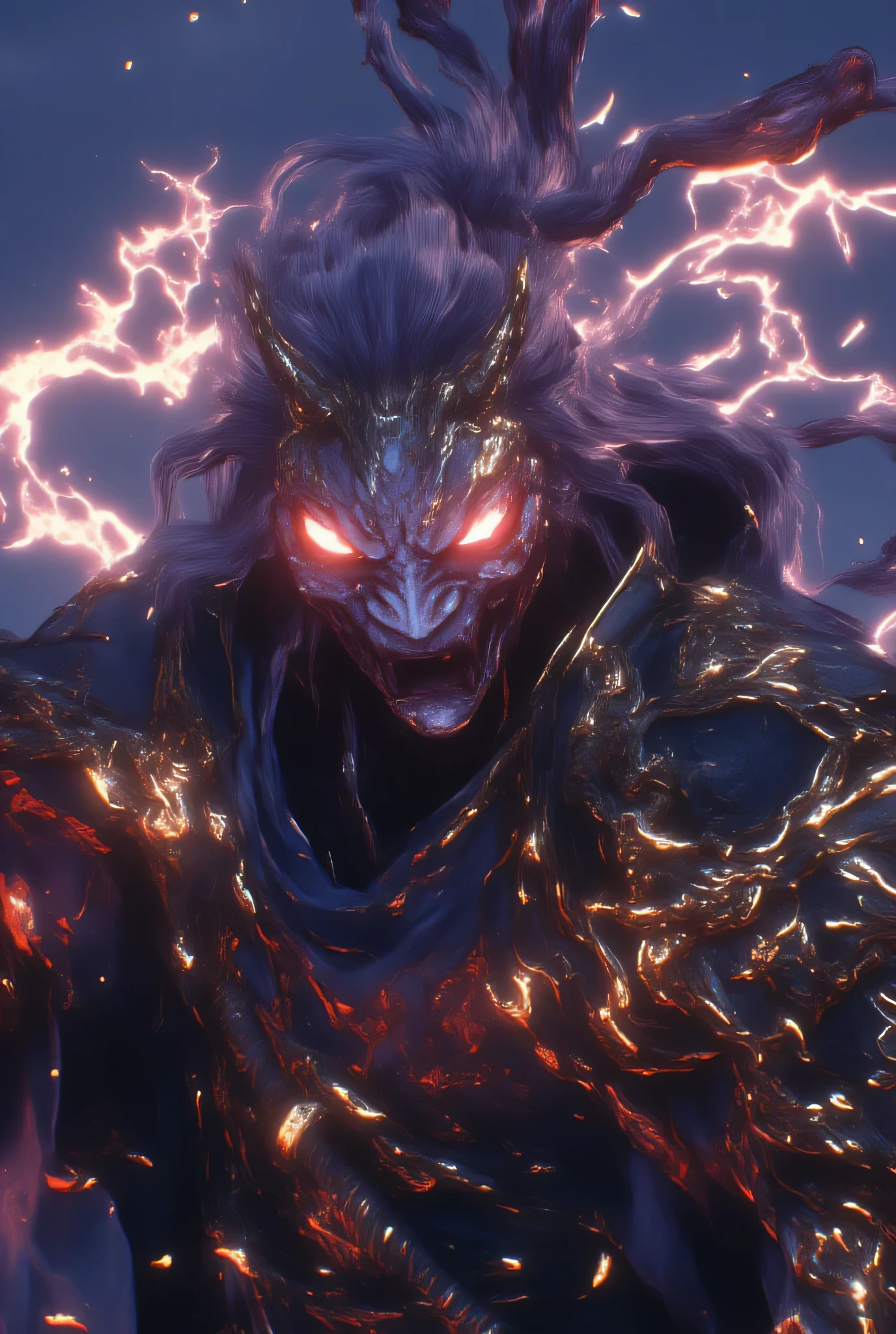 A hyper-realistic samurai warrior standing tall under a stormy sky, wearing ornate traditional armor with intricate golden details and a menacing Japanese demon mask (Oni style). He holds a blood-stained katana in one hand and a second sheathed blade at his side. A divine aura surrounds him, glowing in vibrant tones of fiery red, electric purple, and shimmering silver, symbolizing his godlike presence. The background features a battlefield littered with fallen banners and mist, illuminated by flashes of lightning. Ultra-detailed textures, cinematic lighting, and epic atmosphere.Arte conceptual, Brillar, Plano general,