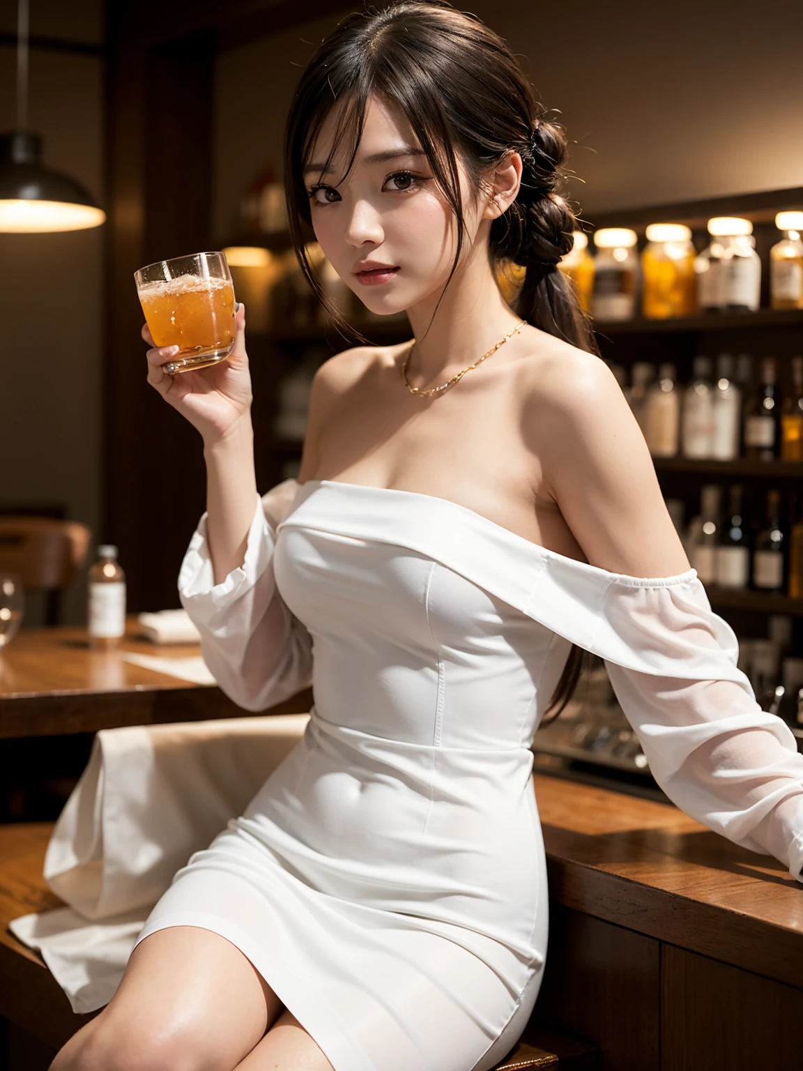 ((extreme close up)), side view, watching camera, A sophisticated bar setting exudes an atmospheric glow, featuring stylish dim lighting and a cozy ambiance. In sharp focus, a thin Japanese actress in her 20s, with tied medium, loosely curled brown hair, sits on a bar stool. Dressed in a bright tight silky long dress, licking a short cocktail. inviting me to drink together, The scene captures an elegant, intimate mood, enriched by warm lighting and rich textures, creating a masterpiece of visual allure., from side, UHD, masterpiece, anatomically correct, textured skin, super detail, nipple slip