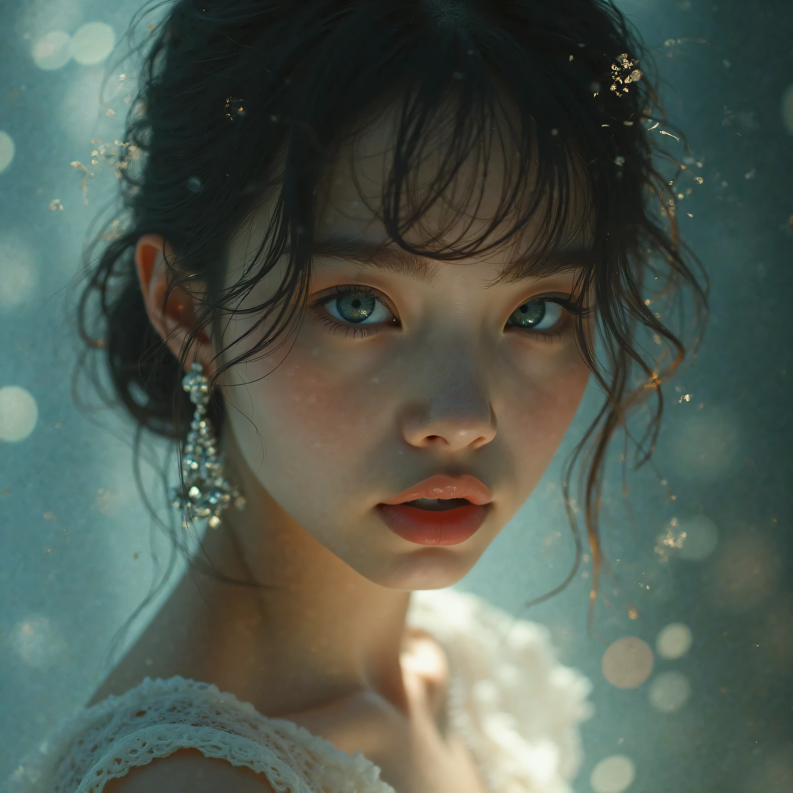 1 girl, High Resolution, Blue Eyes, Earrings, camera angle from above,  God Ray,  Reflection, Blur, digital art, 