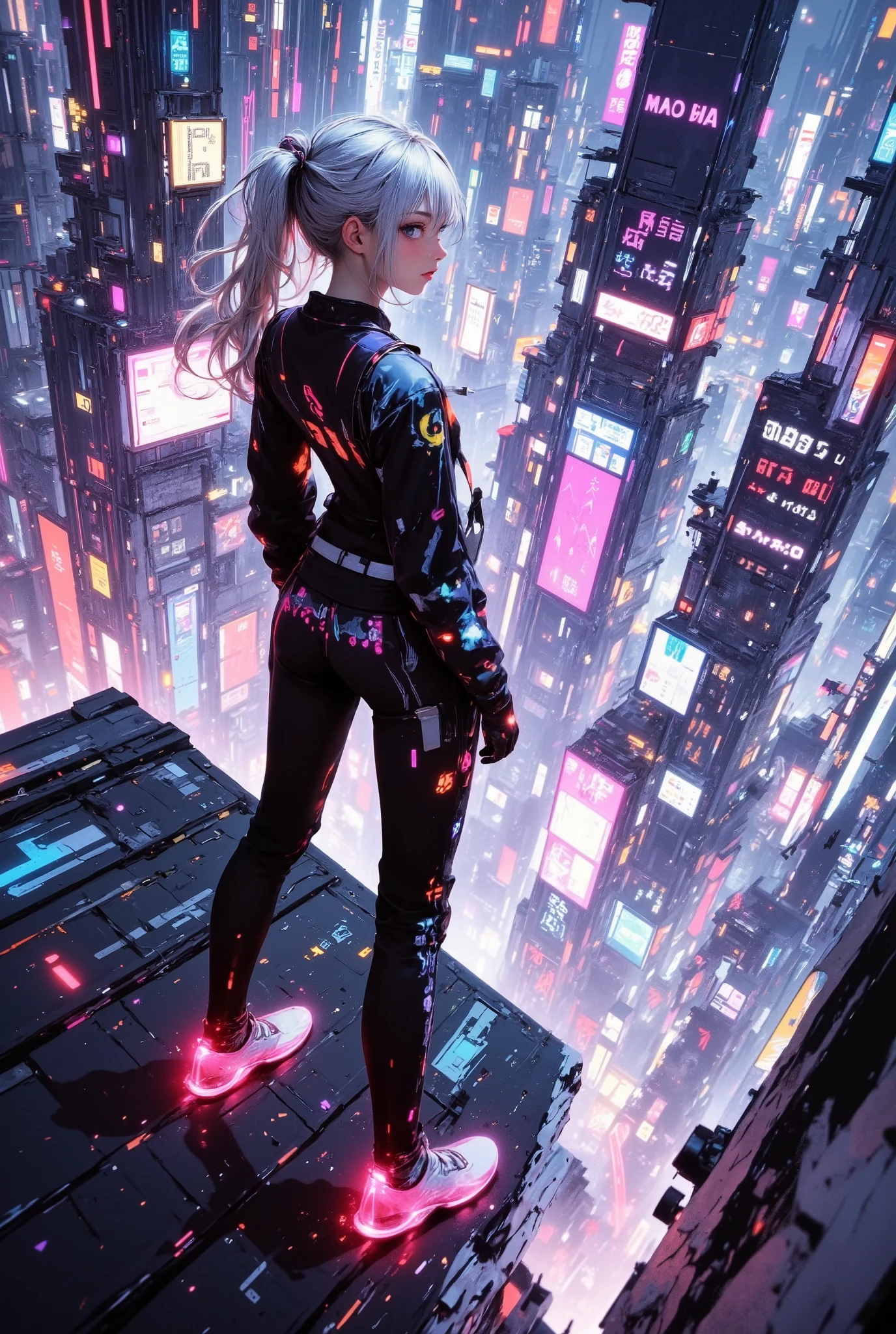1 girl, japanese, ((Pupil details:1.8)), A futuristic cyberpunk character standing at the edge of a skyscraper, looking down at a neon-lit cyber city from a high-angle rooftop perspective, their soft silver low ponytail hair flows in the wind, softly glowing with digital highlights. They wear a holographic techwear jacket adorned with flowing digital codes, cybernetic fabric, and neon circuits. Beneath it, a translucent cyber shirt displays floating UI patterns with subtle glow effects. Their slim-fit futuristic pants feature neon circuit trails and holographic interface panels, while their levitating sneakers leave behind light traces with an anti-gravity effect. Their AR-enhanced eyes reflect iridescent lights and a digital HUD display as they gaze upon the city below. Above them, floating digital data streams fill the sky with glowing, unreadable text and holographic symbols, creating a surreal cybernetic atmosphere. The neon-lit cyber city is illuminated with holographic billboards, floating lights, and AI-driven drones. This scene is rendered in Vaporwave style using Airbrushing and Glow Effect techniques, enhanced by Neon Effect and Particle Effects for an ultra-detailed, cinematic cyberpunk lighting effect in high resolution, 8K, (radiant skin), perfect body, Magical ambience, soft pastel tones, ultra-realistic details, (white backgriound : 1.4), High Definition, masterpiece, Accurate, top quality, High Definition model, high detail, beautiful detailed, beautiful hair, high resolution, 32K, realistic rendering, (Masterpiece, Hi-res: 1. 2),