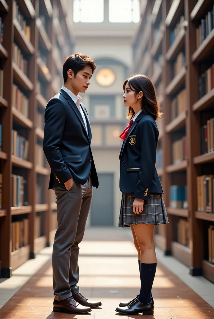 {Ｘ}Is sitting on a chair 、is standing{Ｙ}staring at each other,２Distance between people{X}is standing gracefully on a chair、,blazer and gray pants with a dark gold crest、Best、wearing a school uniform and leather shoes with a Bordeaux tie,taller than women{Ｙ}is a woman with brown hair, smooth bob hair、Clothes are dark blue blazer with gold embroidery and red tie、wearing a school uniform with a gray check skirt and dark blue socks and leather shoes,blazer with dark gold emblem and gray pants、A large number of old books arranged in an orderly manner,Soft light shining through a high ceiling,Bookcase full of wood texture,The background is an academic library with huge bookshelves lined up in real detail,Delicate and exquisite texture,realistic expression,4K High Quality,physics-based rendering of a woman holding a horse's penis,ultra-detailed depiction,Professional,Vivid Colors,bokeh
