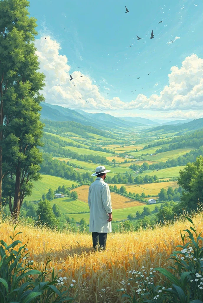 The doctor is spreading grain on the fields. 